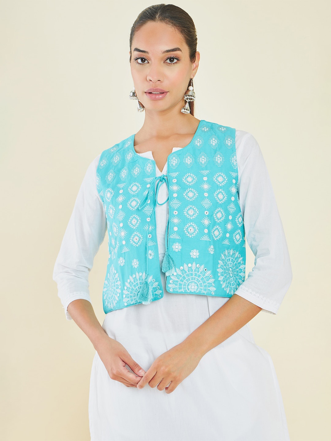 

Soch Women Floral Embroidered Pure Cotton Waist Coat, Turquoise blue