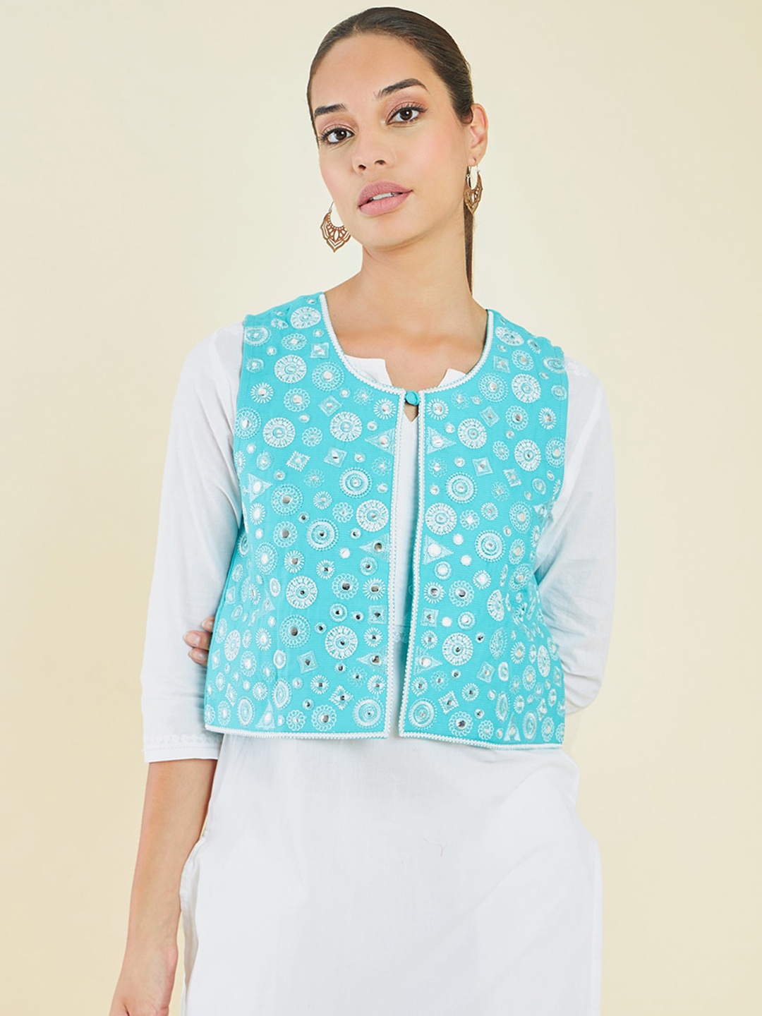 

Soch Women Floral Crop Open Front Jacket with Embroidered, Turquoise blue