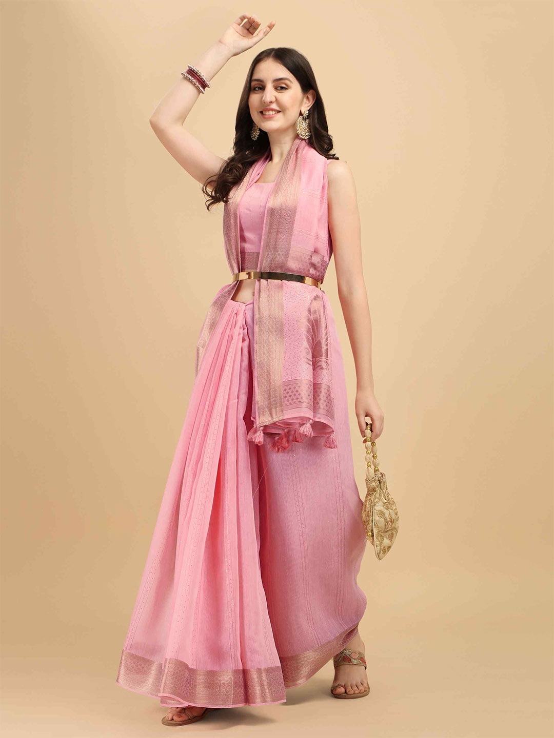 

elora Striped Zari Pure Cotton Bhagalpuri Saree, Pink