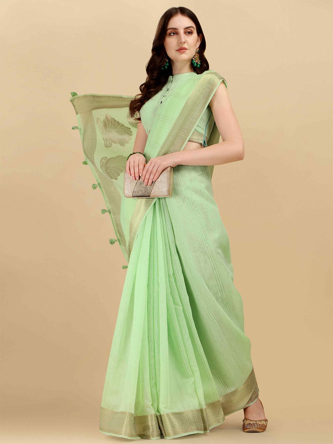 

elora Striped Zari Pure Cotton Bhagalpuri Saree, Green