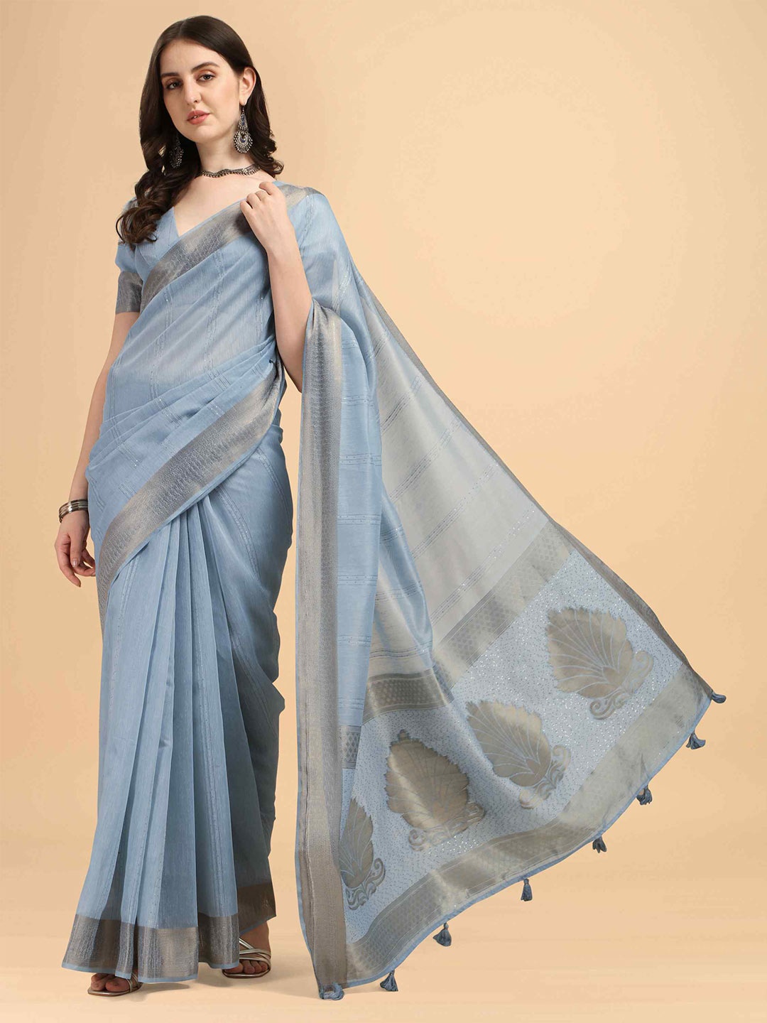 

elora Striped Sequinned Silk Cotton Bhagalpuri Saree, Grey