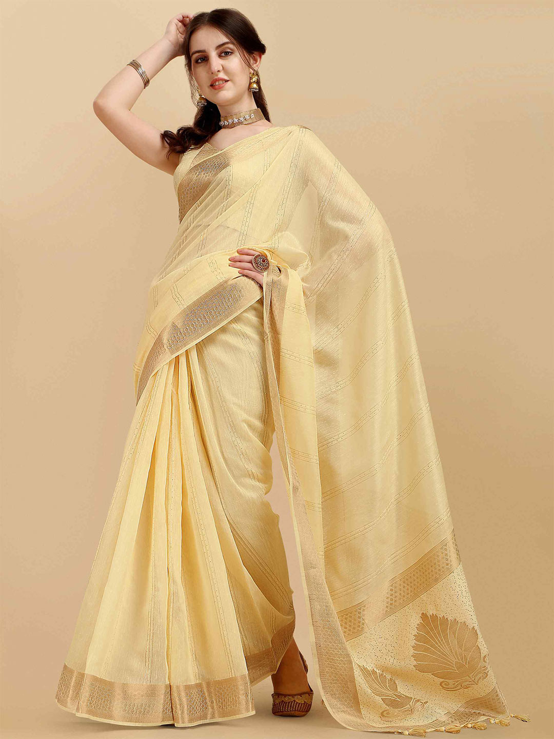 

elora Embellished Zari Pure Cotton Bhagalpuri Saree, Yellow