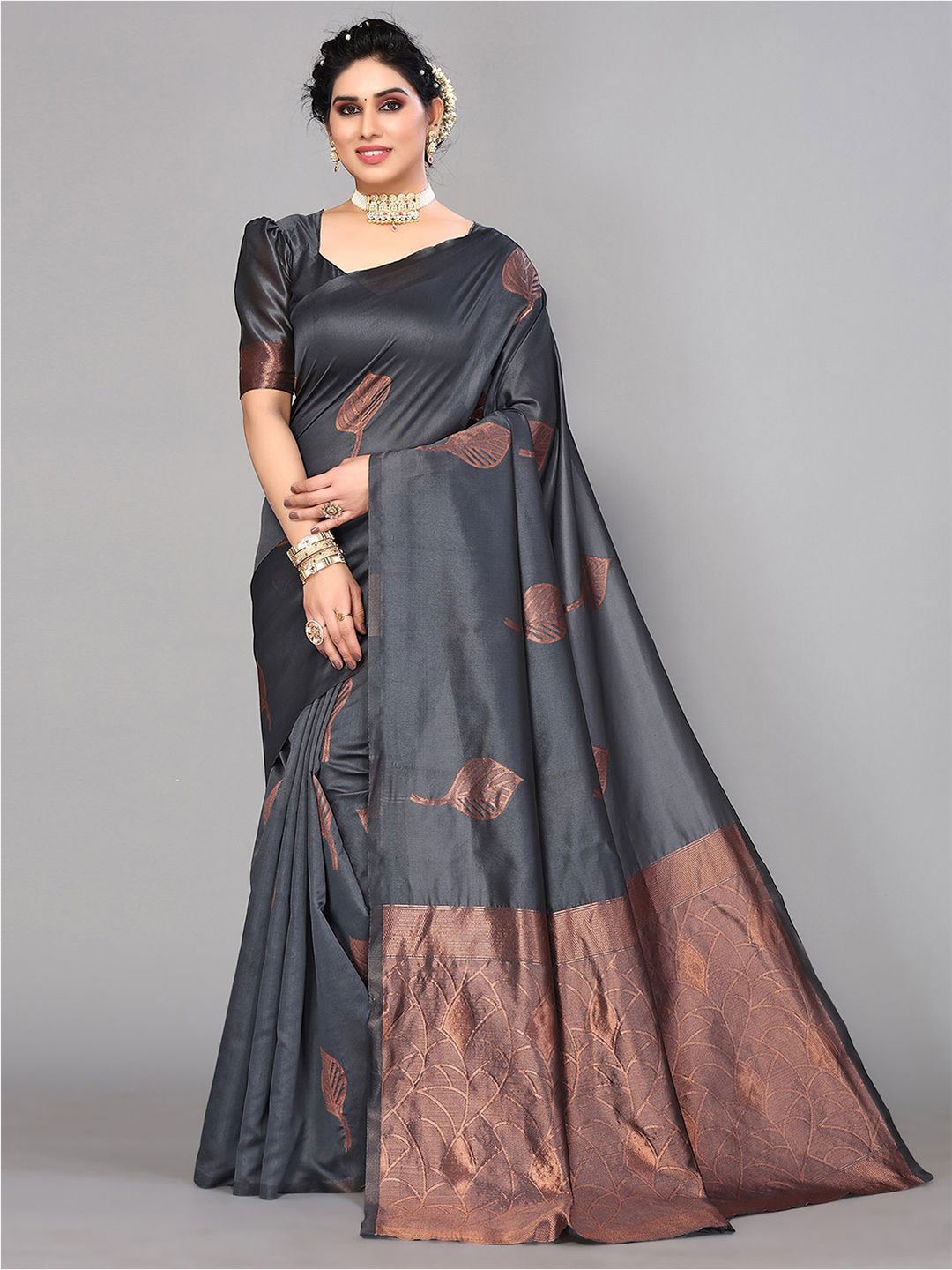 

KALINI Floral Woven Design Zari Saree, Grey