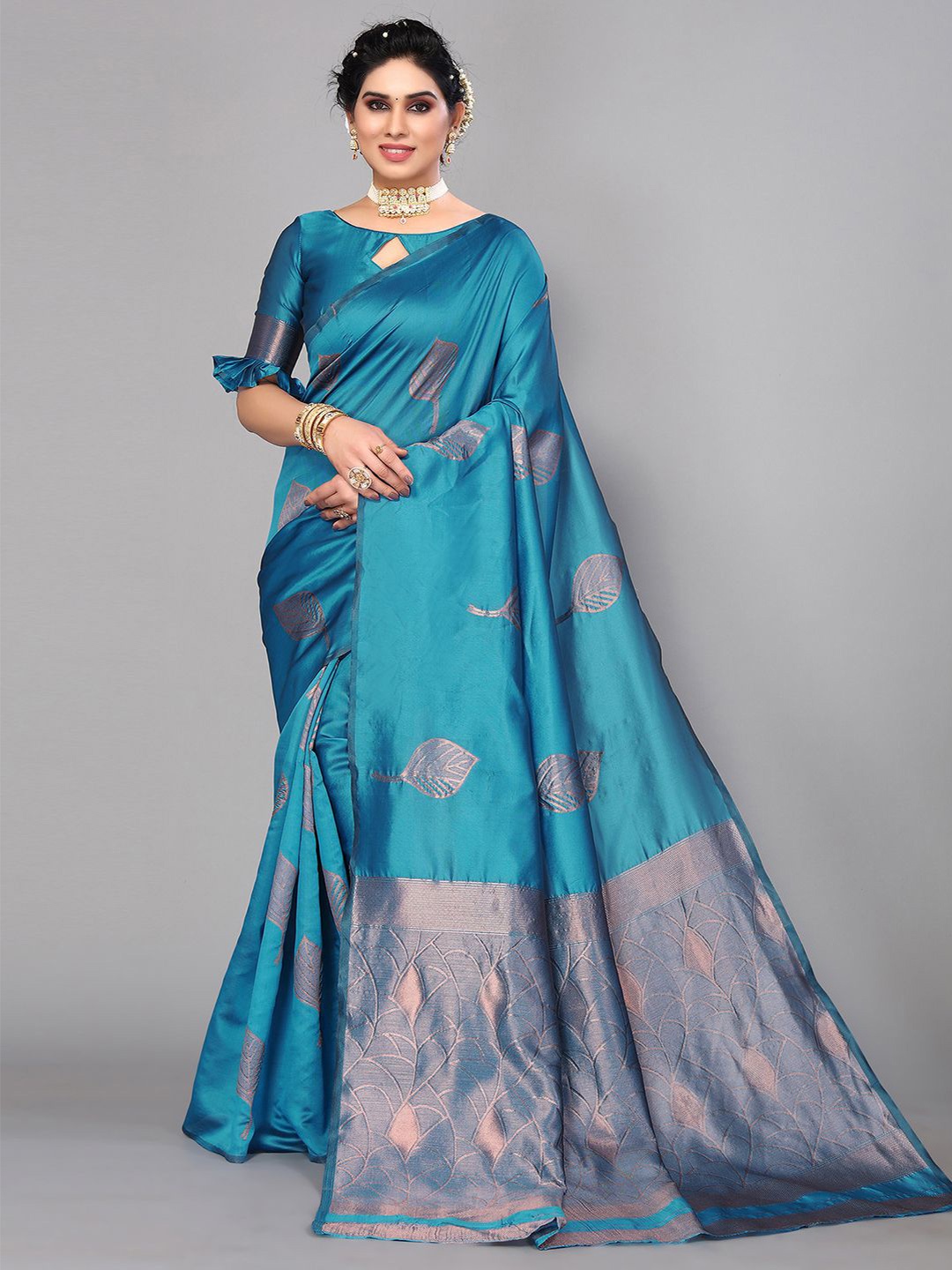 

KALINI Floral Woven Design Zari Saree, Blue