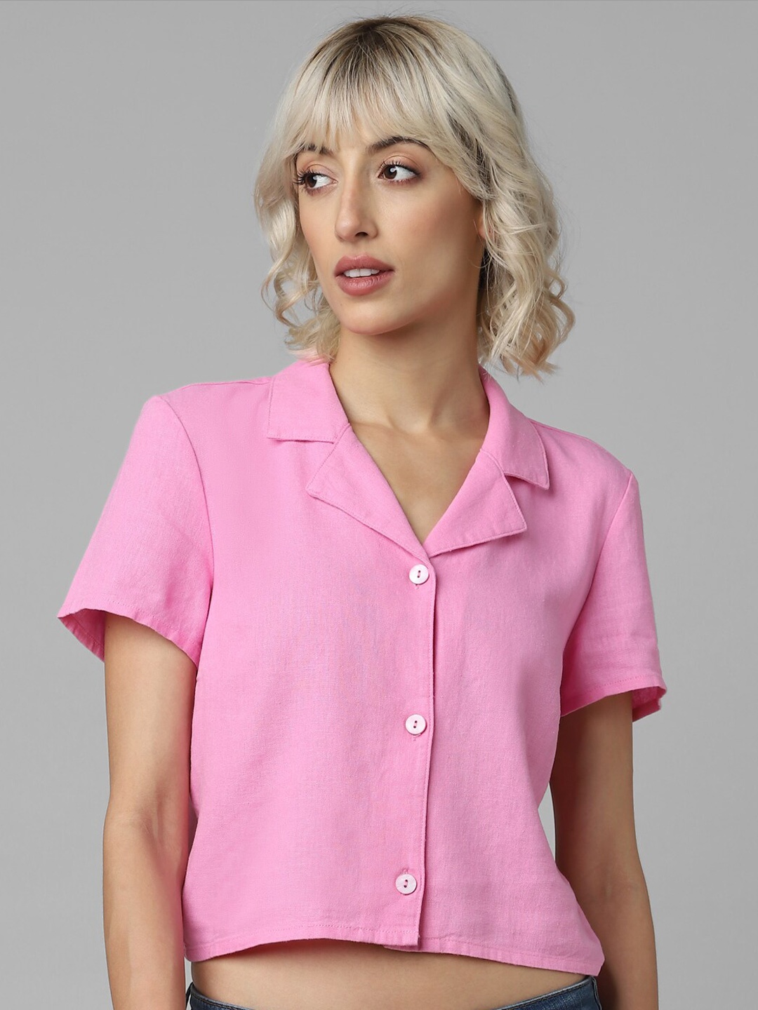 

ONLY Women Linen Blend Crop Casual Shirt, Pink