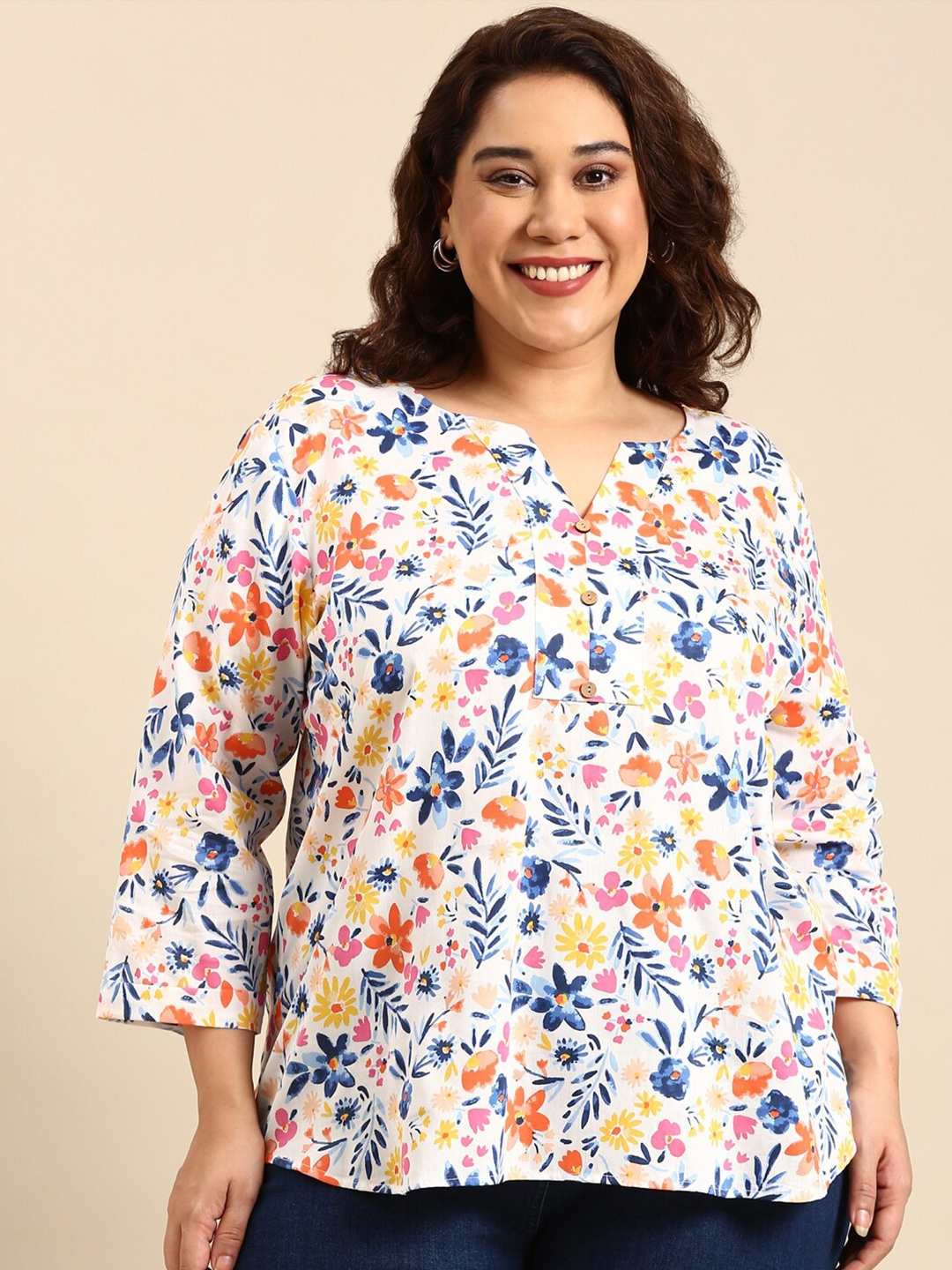 

The Pink Moon Plus Size Floral Print Cotton Top, White