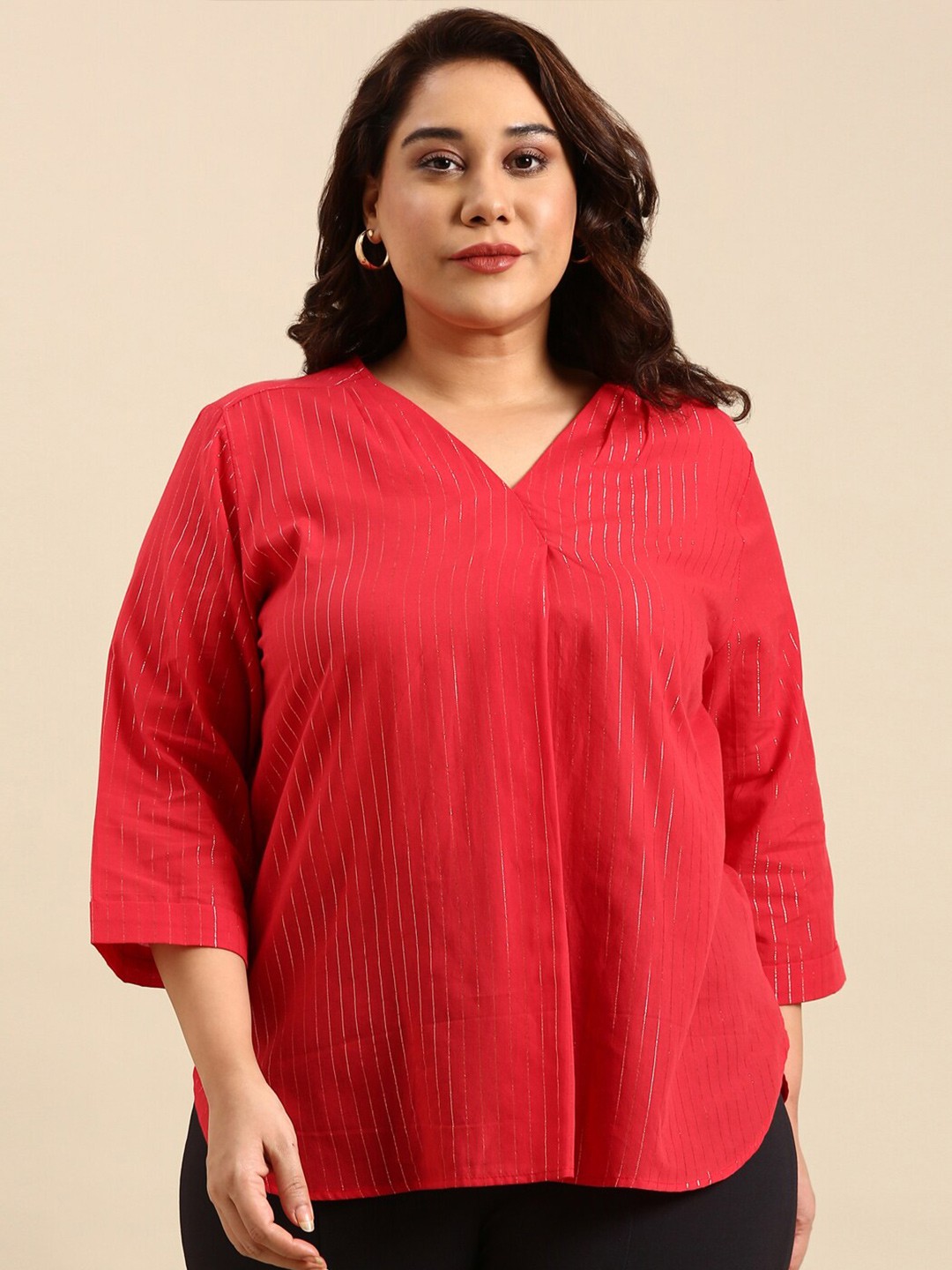 

The Pink Moon Plus Size Striped V Neck Regular Sleeves Cotton Regular Top, Red