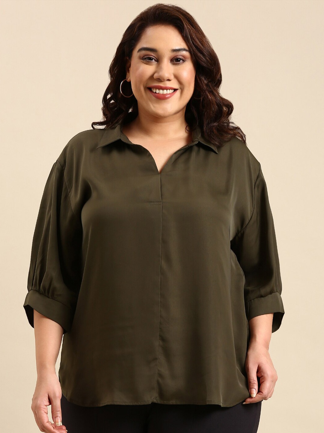 

The Pink Moon Plus Size Shirt Collar Puff Sleeves Shirt Style Top, Olive