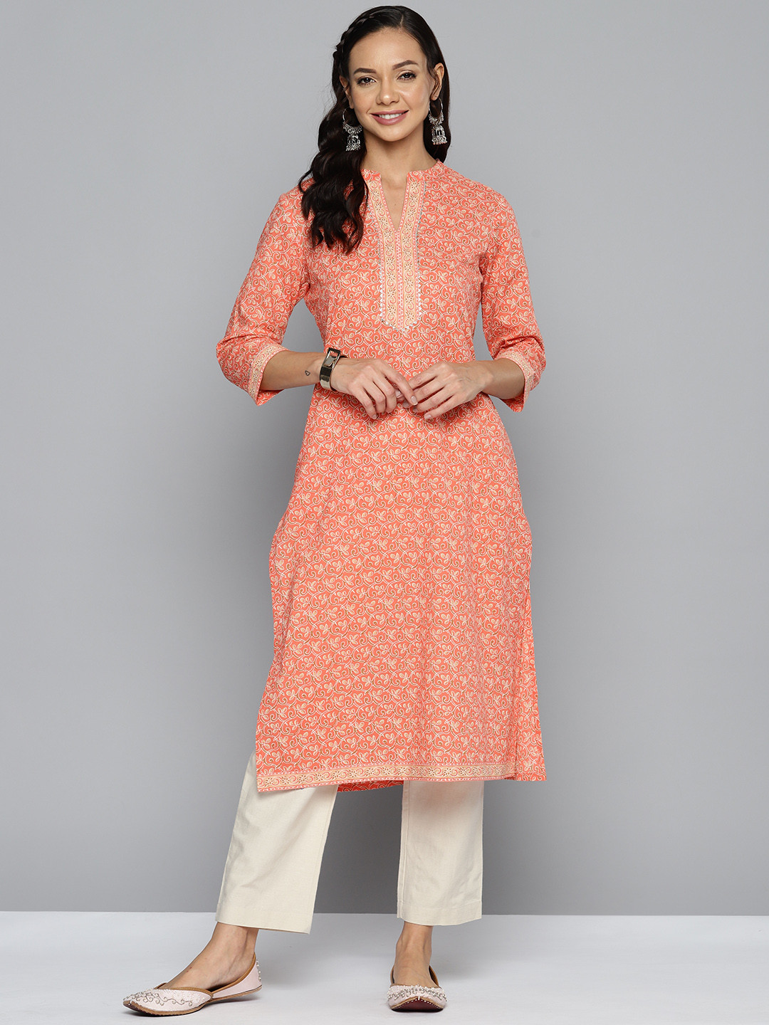 

HERE&NOW Floral Printed Gotta Patti Cotton Kurta, Peach
