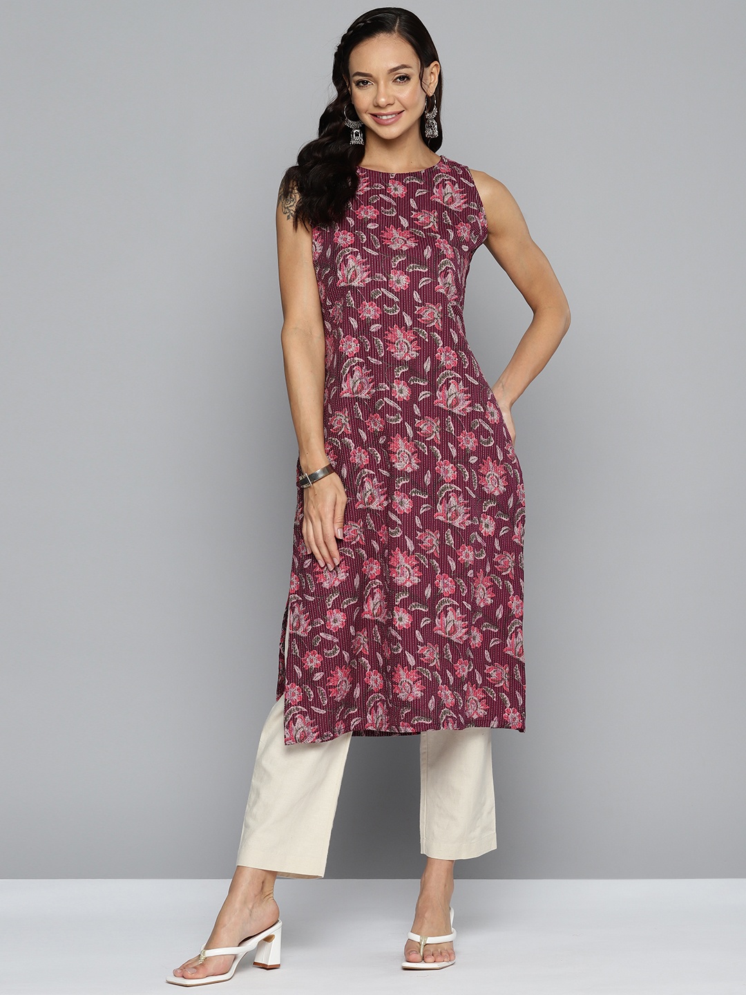 

HERE&NOW Floral Printed Kantha Work Kurta, Purple