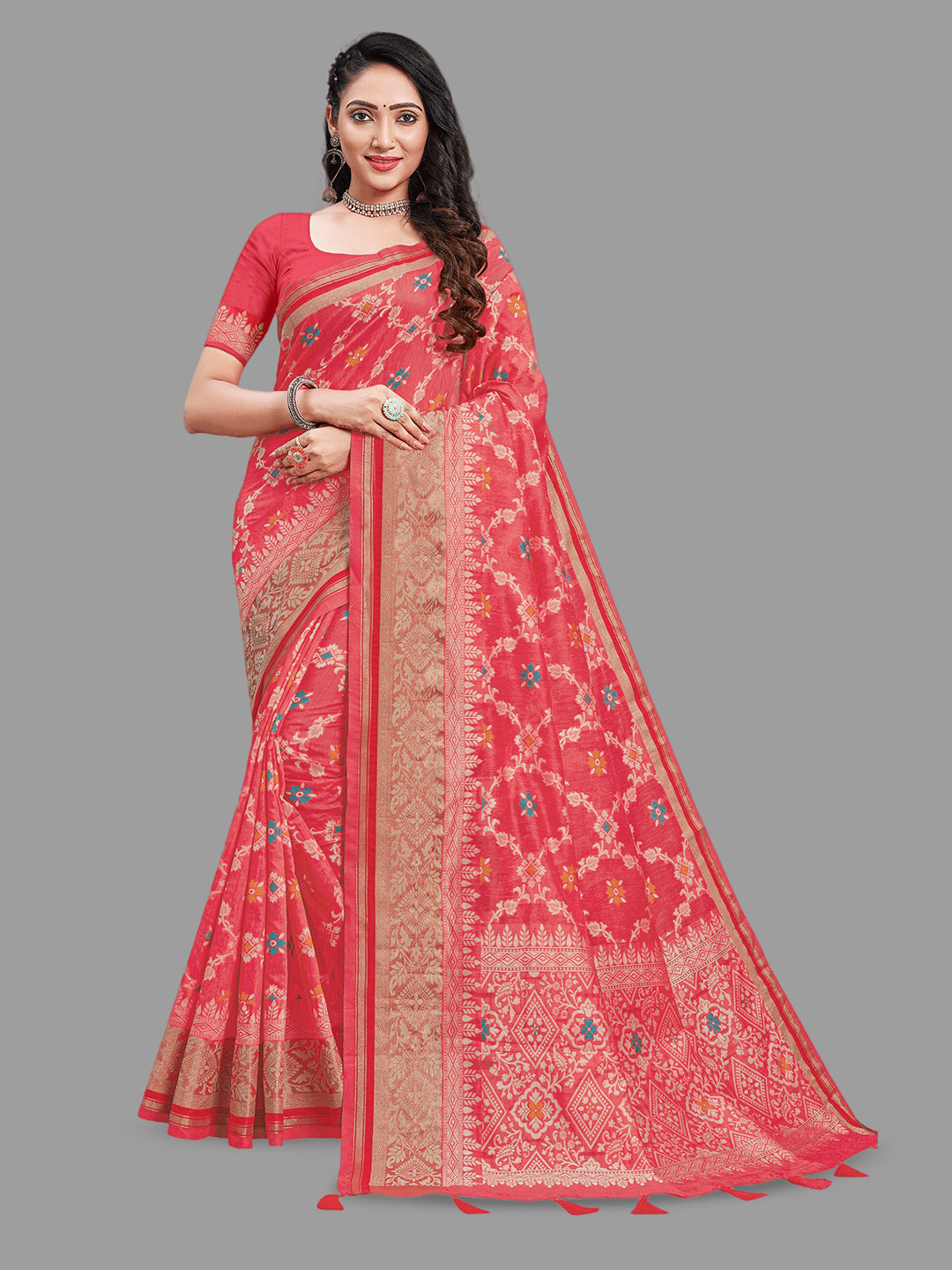 

HASRI Floral Woven Design Zari Banarasi Saree, Red
