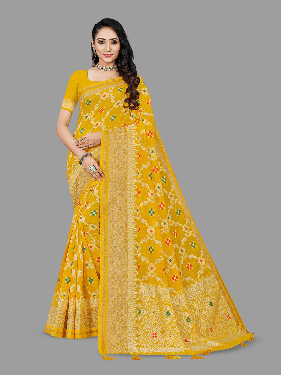 

HASRI Floral Woven Design Zari Banarasi Saree, Yellow