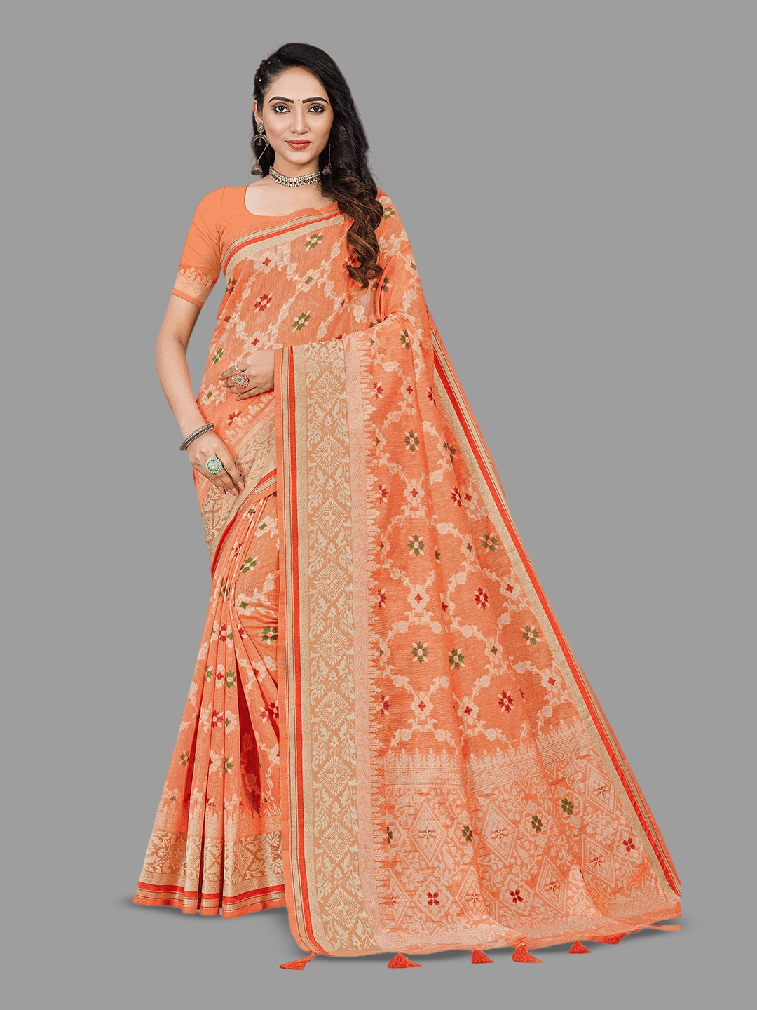 

HASRI Ethnic Motif Woven Design Zari Art Silk Banarasi Saree, Orange