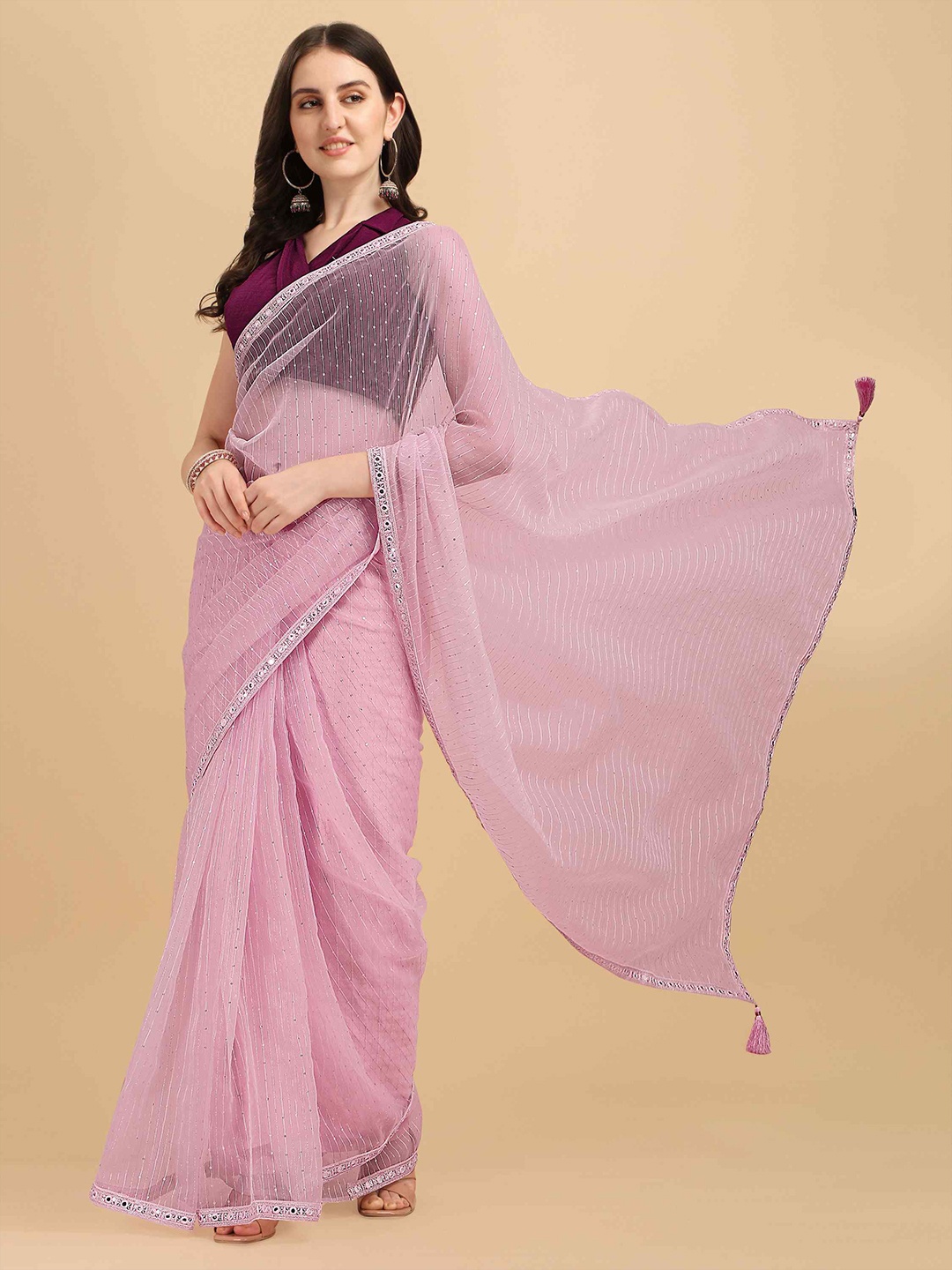 

elora Striped Embellished Organza Bhagalpuri Saree, Pink