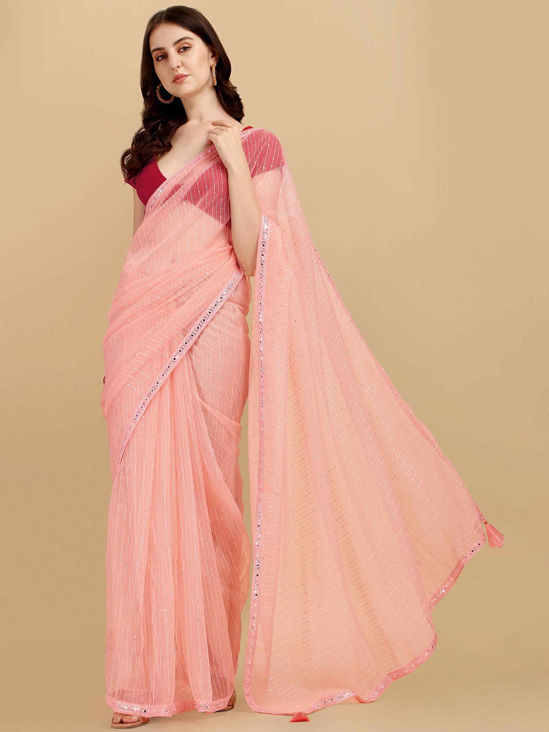 

elora Embellished Sequinned Organza Bhagalpuri Saree, Peach