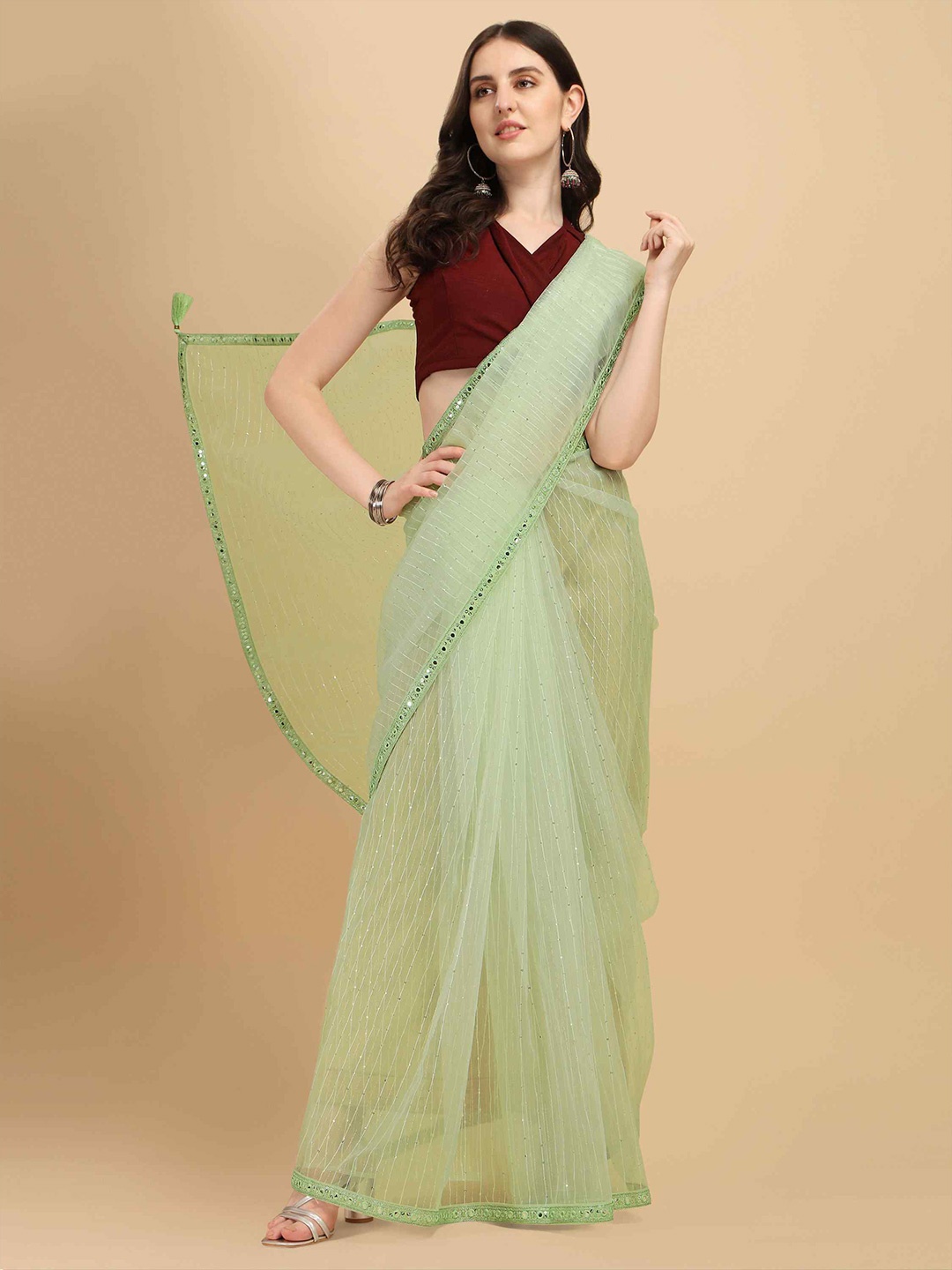 

elora Striped Sequinned Organza Bhagalpuri Saree, Green