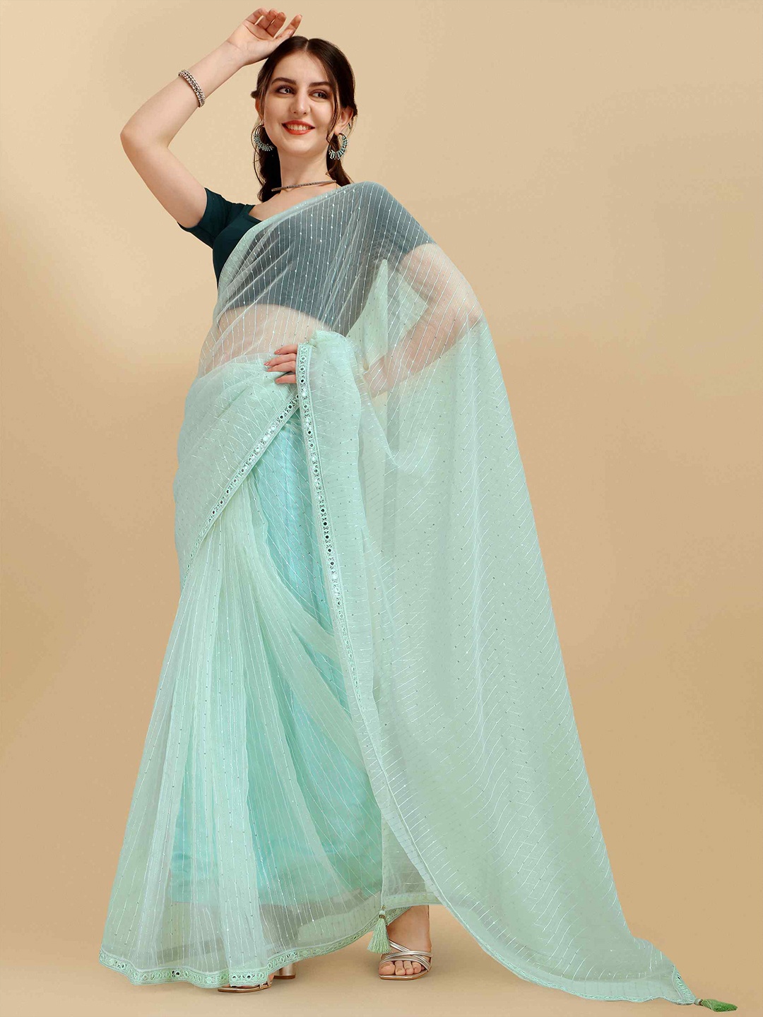 

elora Blue Embellished Sequinned Organza Bhagalpuri Saree