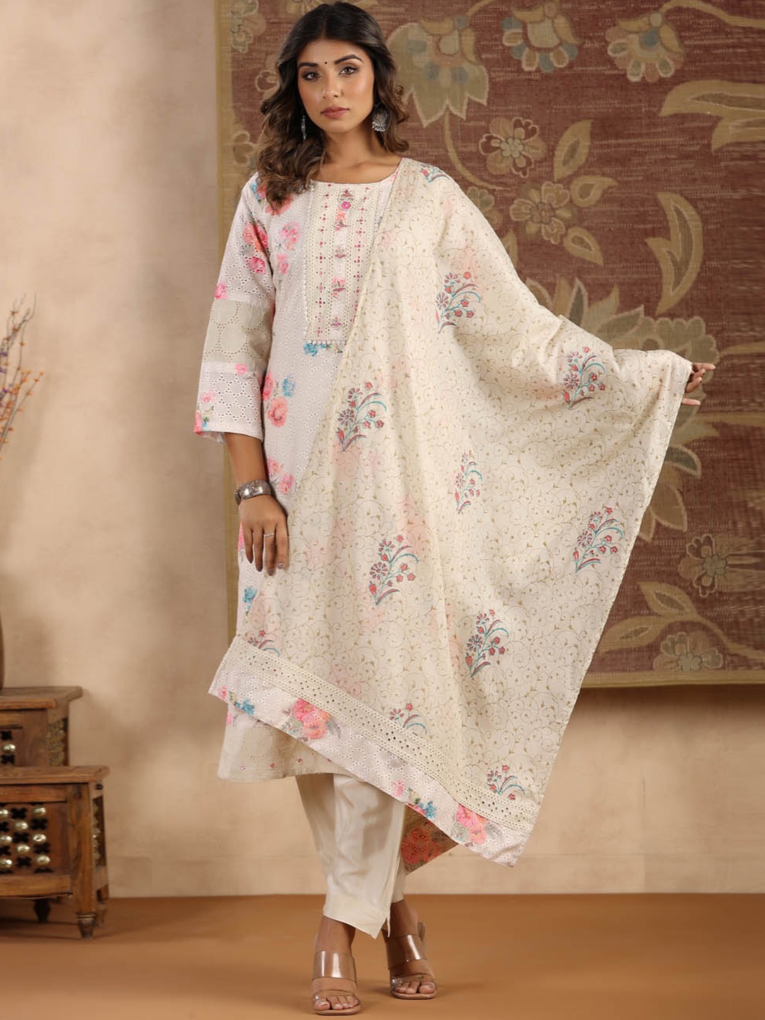 

Meena Bazaar Floral Printed Kurta with Trousers & With Dupatta, Beige