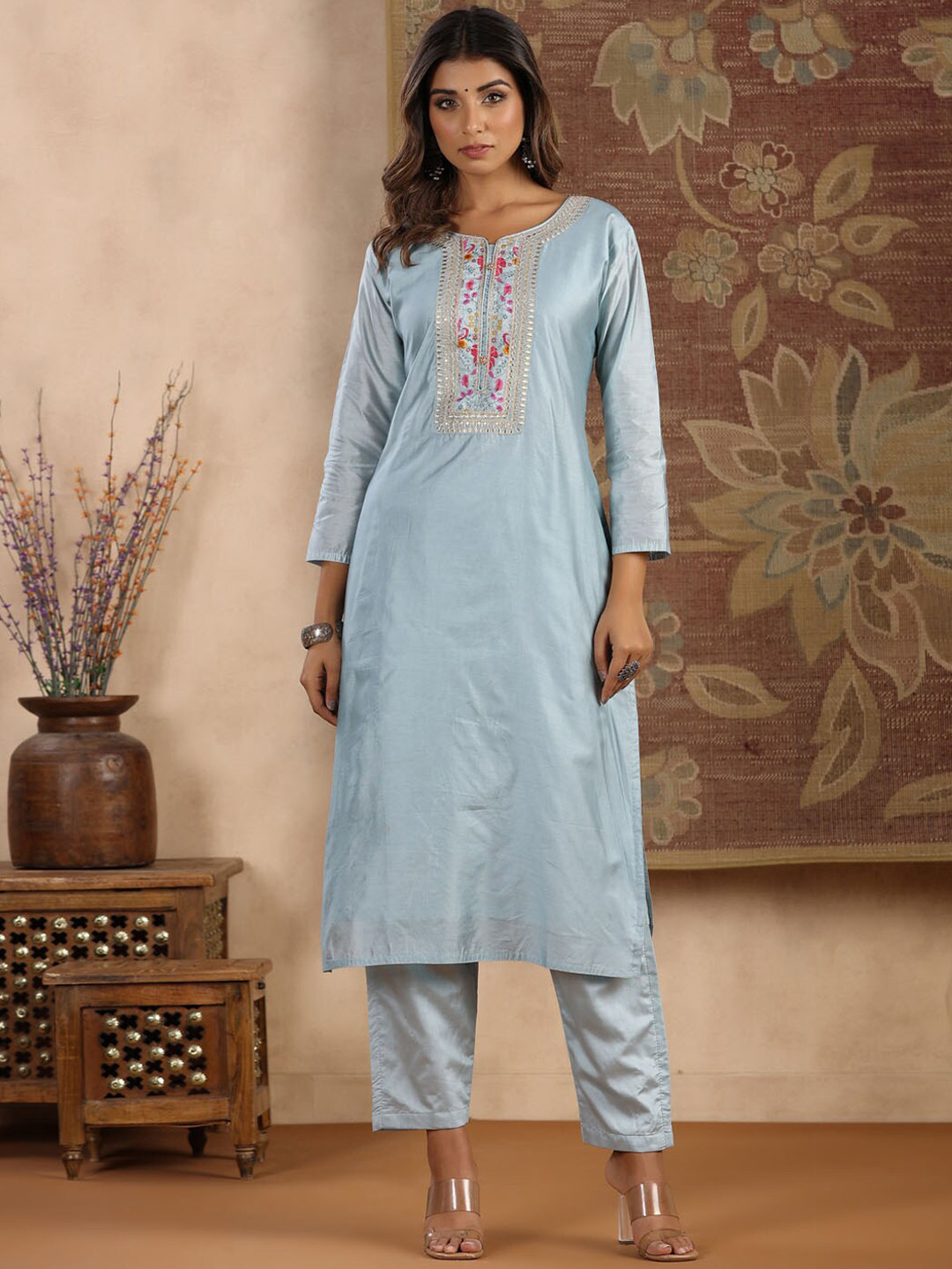 

Meena Bazaar Floral Printed Sequined Kurta with Trousers & Dupatta, Blue
