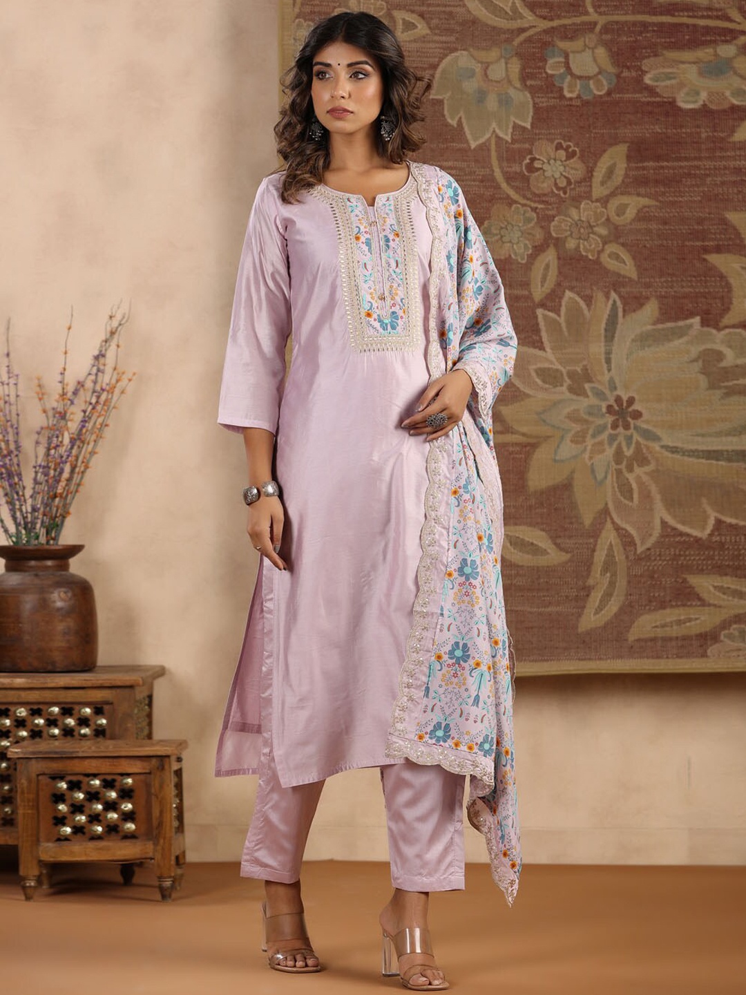 

Meena Bazaar Floral Printed Sequined Kurta with Trousers & Dupatta, Lavender
