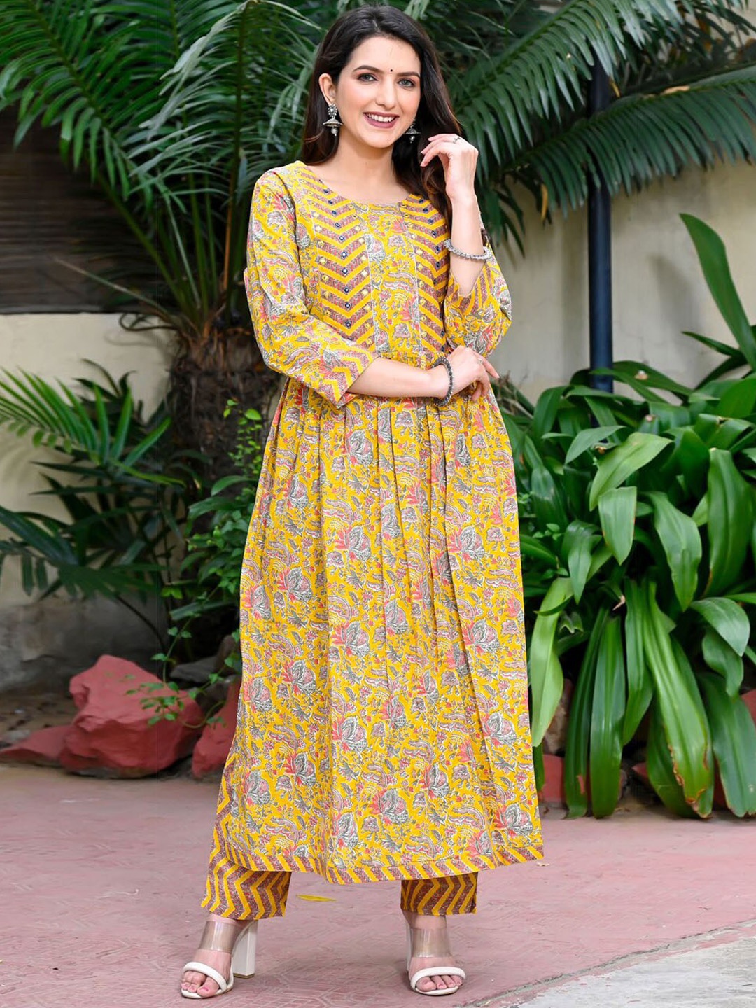 

Meena Bazaar Floral Printed Mirror Work A-Line Kurta with Trousers & Dupatta, Mustard