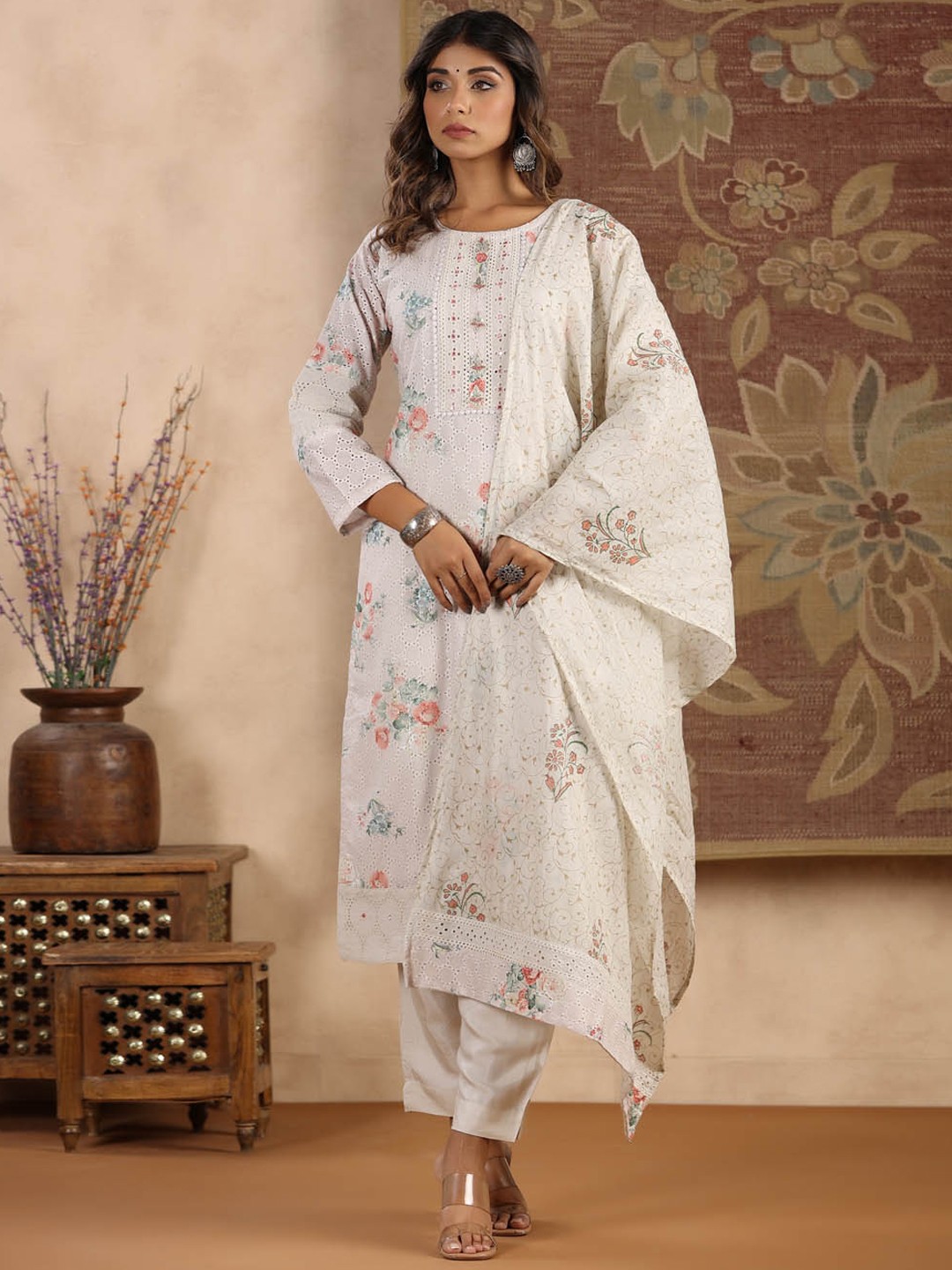 

Meena Bazaar Floral Printed Thread Work Pure Cotton Kurta with Trousers & With Dupatta, Beige