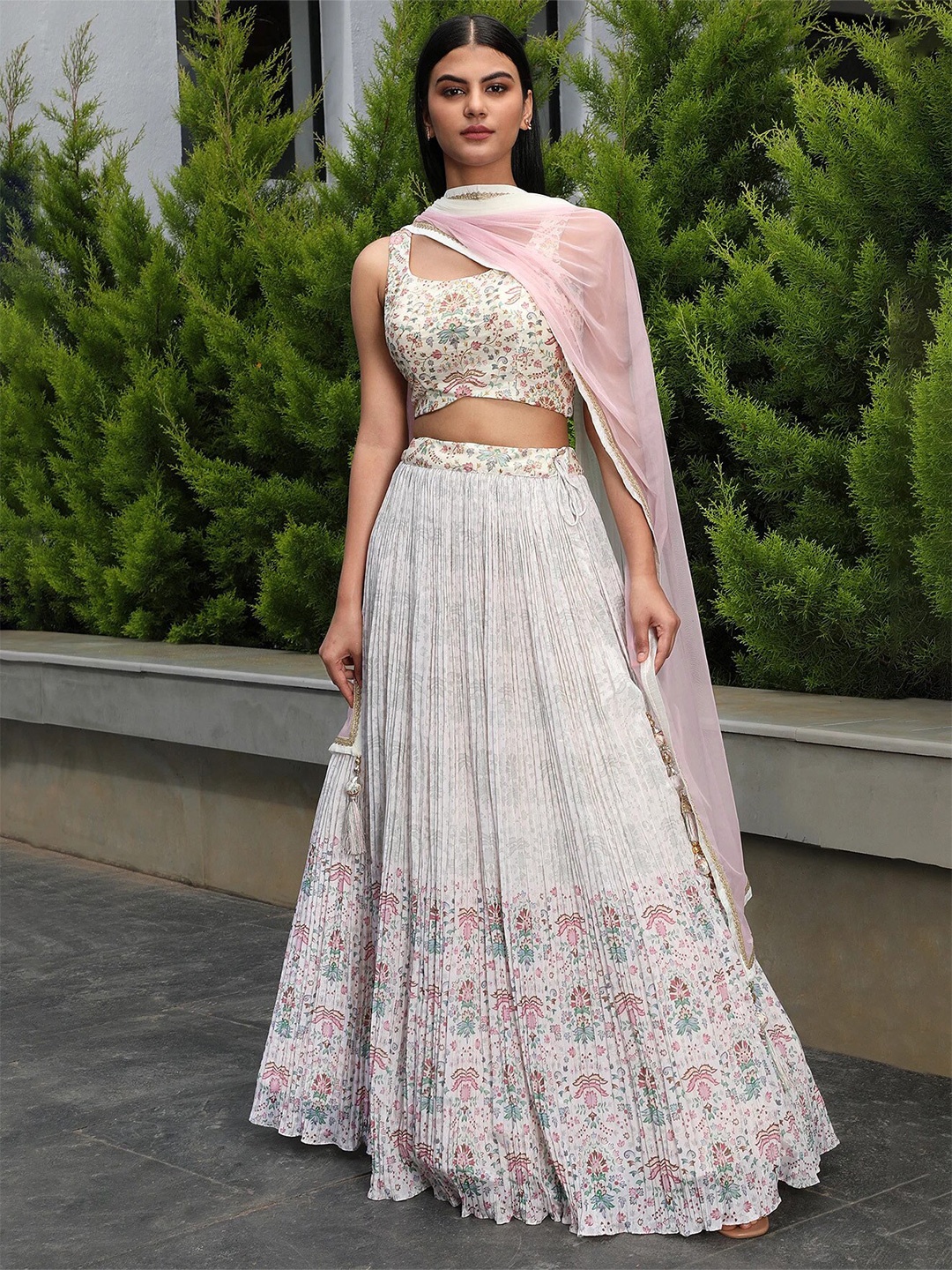 

FABPIXEL Floral Printed Semi-Stitched Pleated Lehenga Choli With Dupatta, Off white
