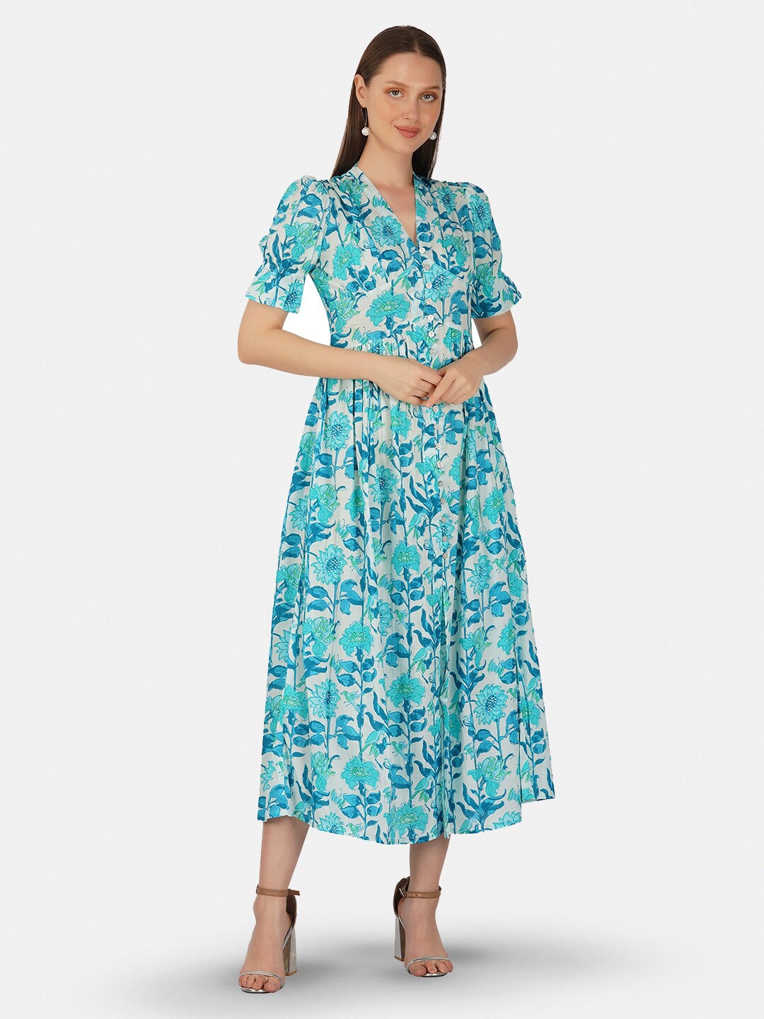 

GULAB CHAND TRENDS Floral Print A-Line Midi Ethnic Dress, Blue