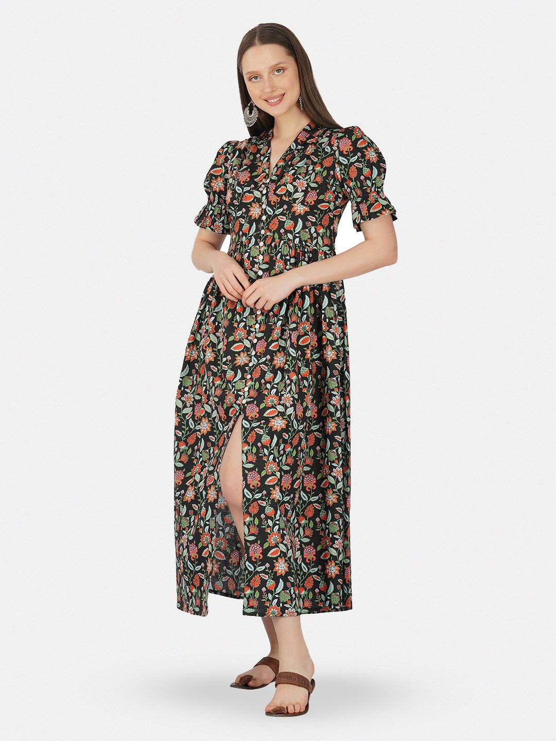 

GULAB CHAND TRENDS Floral Printed Cotton Fit & Flare Midi Dress, Black