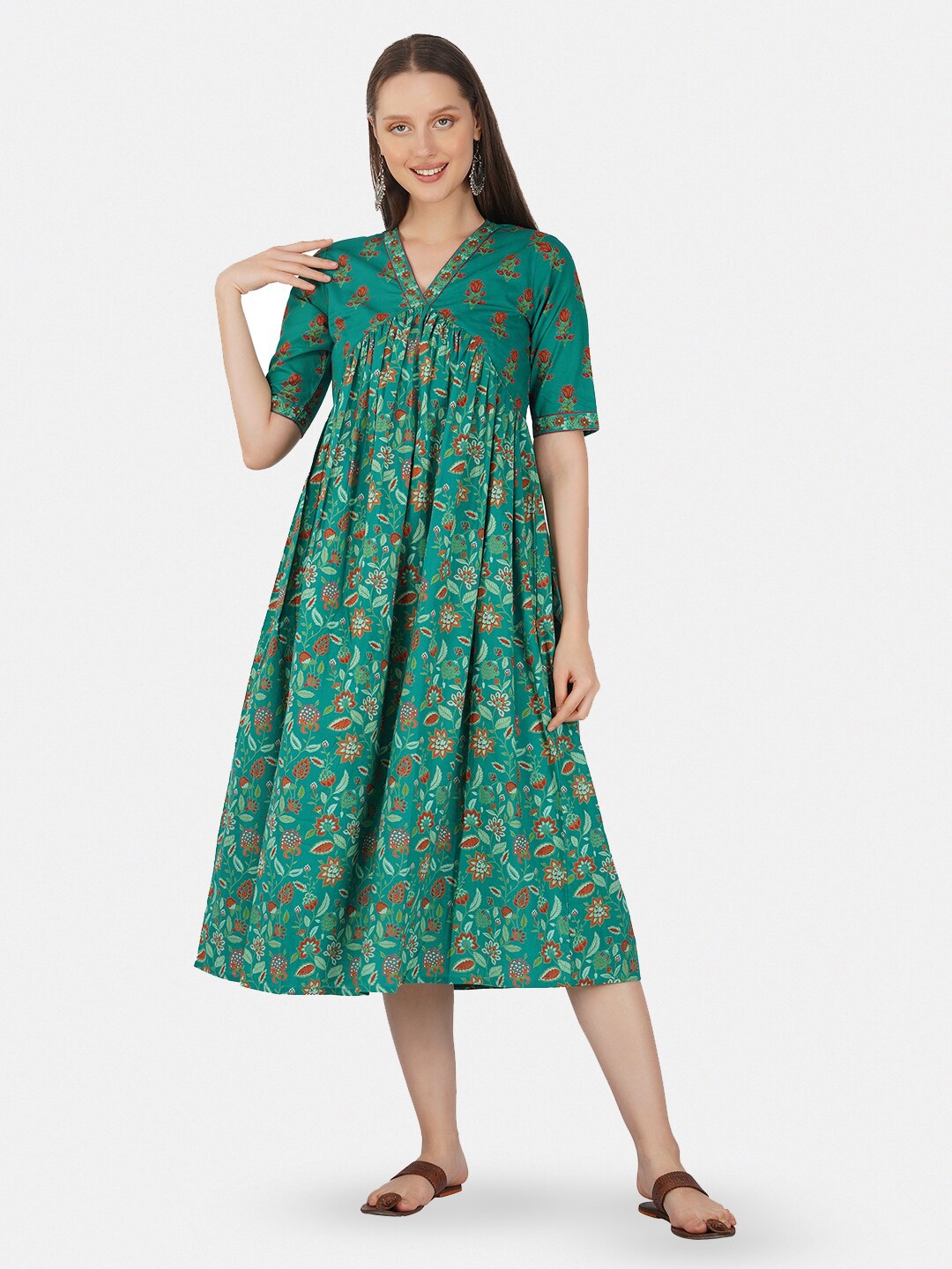 

GULAB CHAND TRENDS Floral Print A-Line Midi Dress, Green