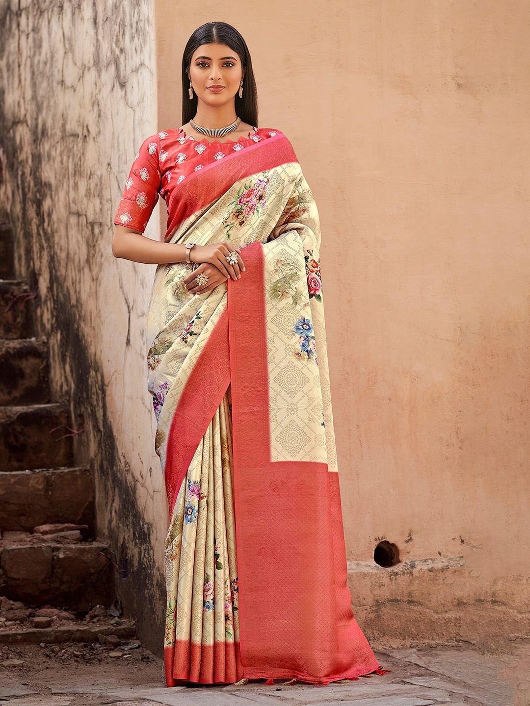 

Mitera Cream-Coloured & Red Ethnic Motifs Woven Design Zari Banarasi Saree