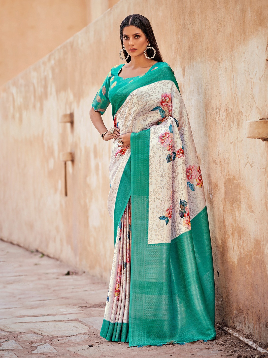 

Mitera Teal & Cream-Coloured Woven Design Zari Banarasi Saree