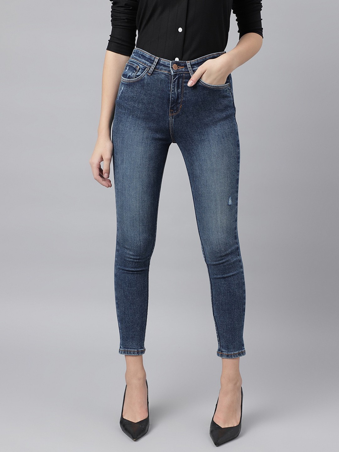 

Xpose Women Comfort Slim Fit Low Distress Stretchable Jeans, Navy blue