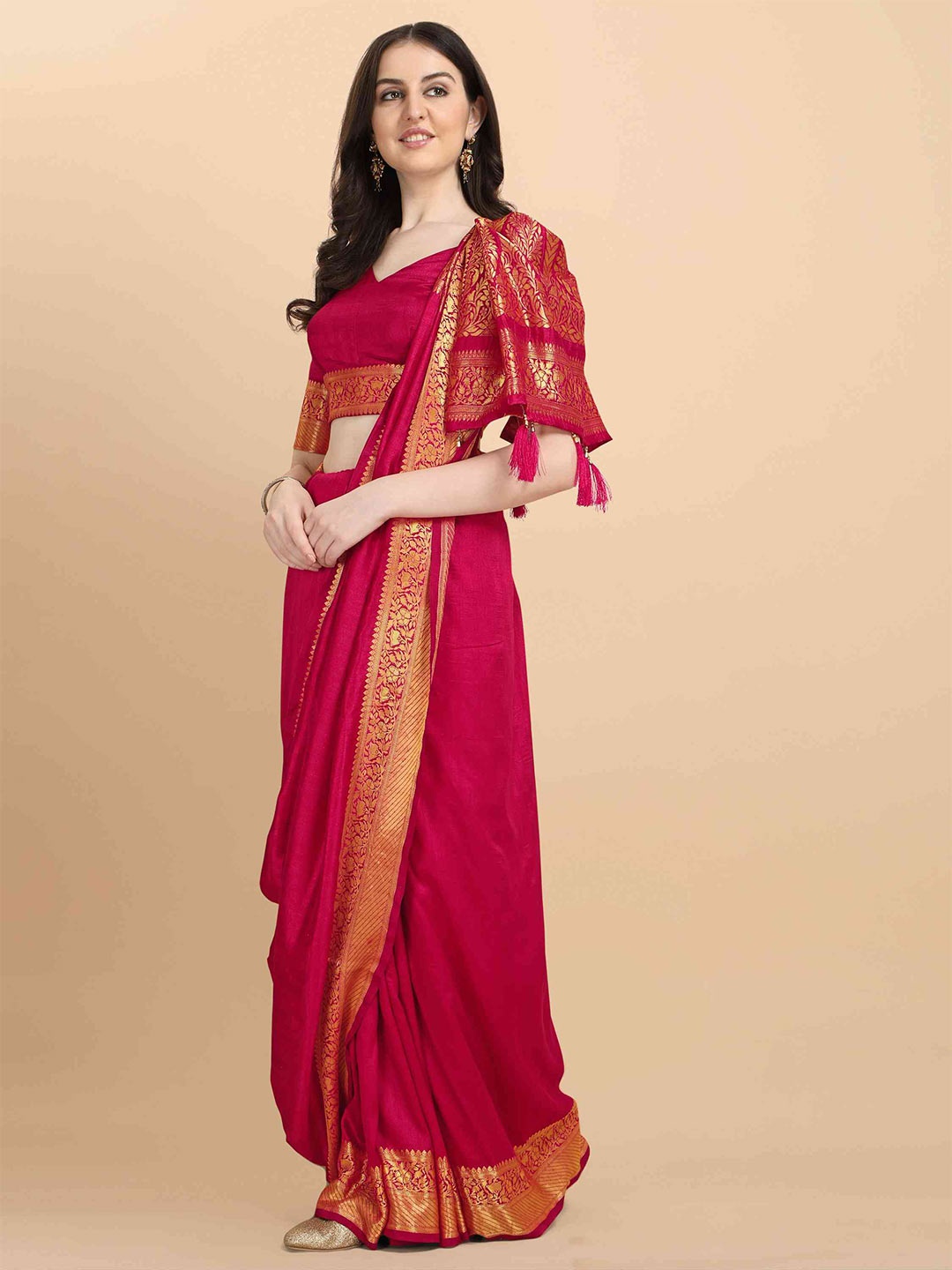 

elora Woven Design Zari Art Silk Kanjeevaram Saree, Pink