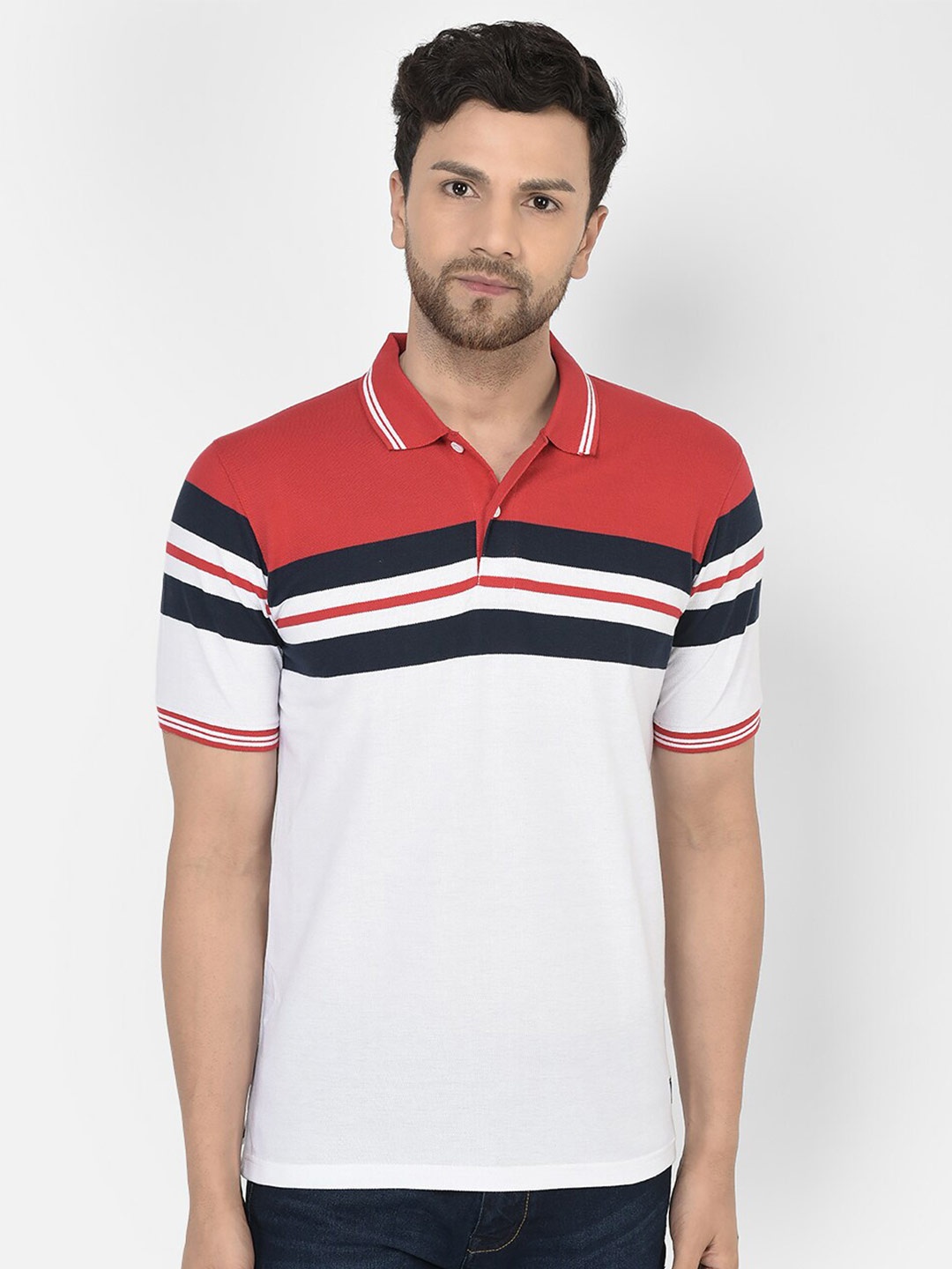 

COBB Striped Polo Collar Cotton T-shirt, White