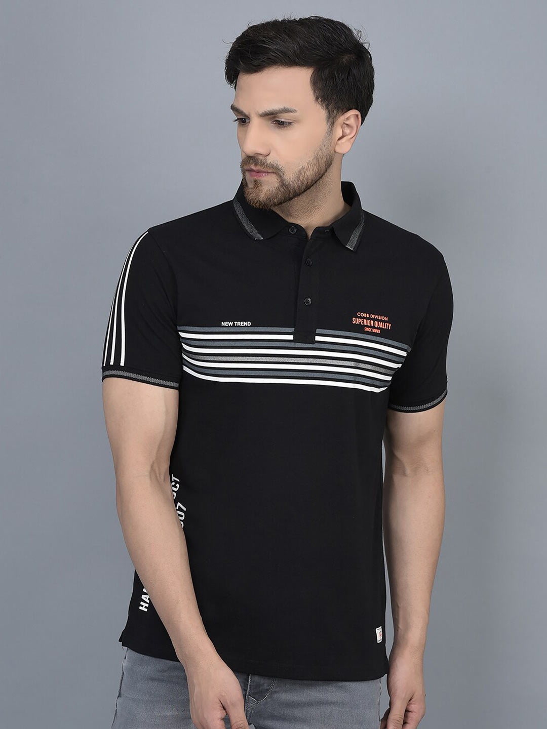 

COBB Striped Polo Collar Cotton T-shirt, Black