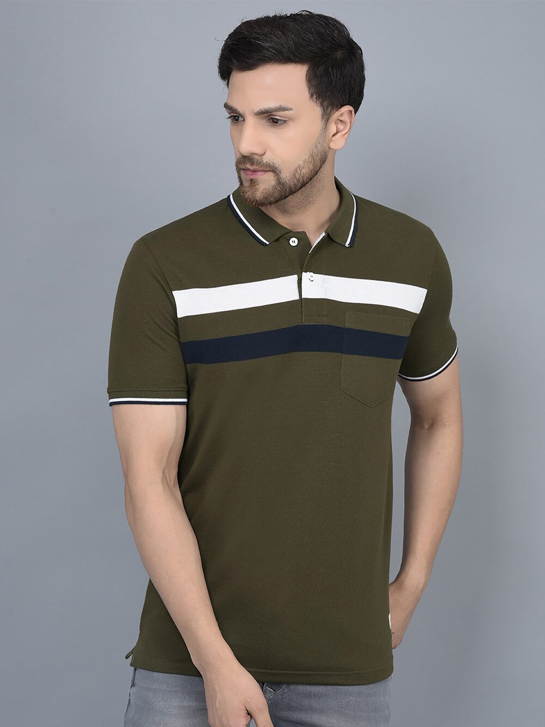 

COBB Colourblocked Polo Collar Cotton T-shirt, Olive