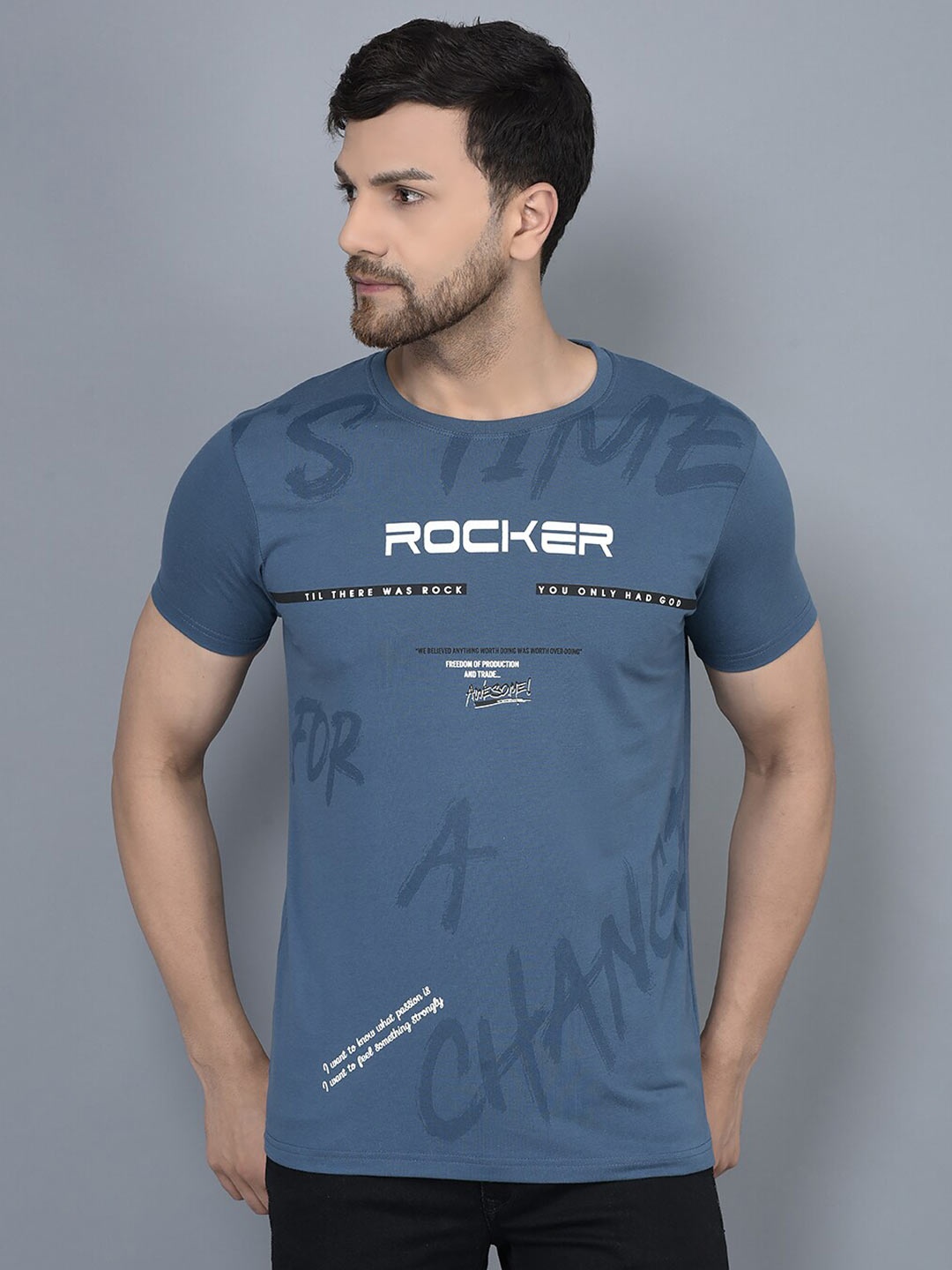 

COBB Typography Printed Round Neck Slim Fit Cotton T-Shirt, Blue