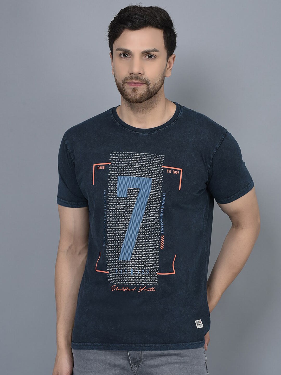 

COBB Typography Printed Round Neck Cotton T-shirt, Navy blue