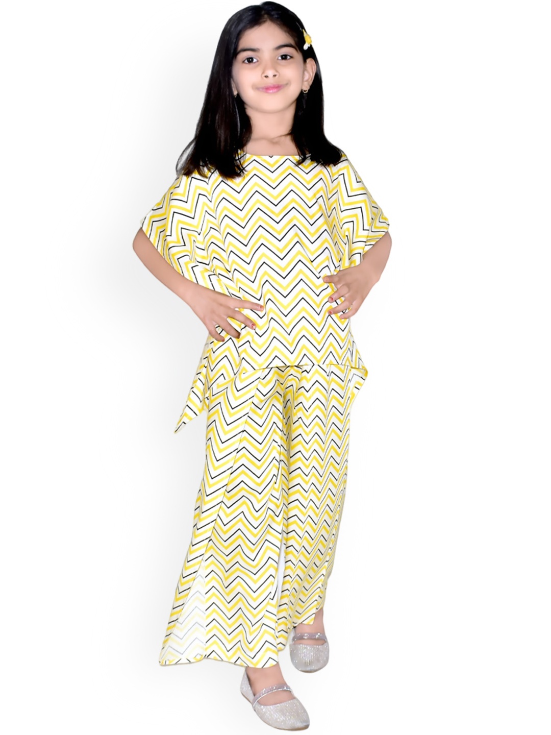 

misbis Girls Chevron Printed Layered Kaftan Top With Palazzos, Yellow