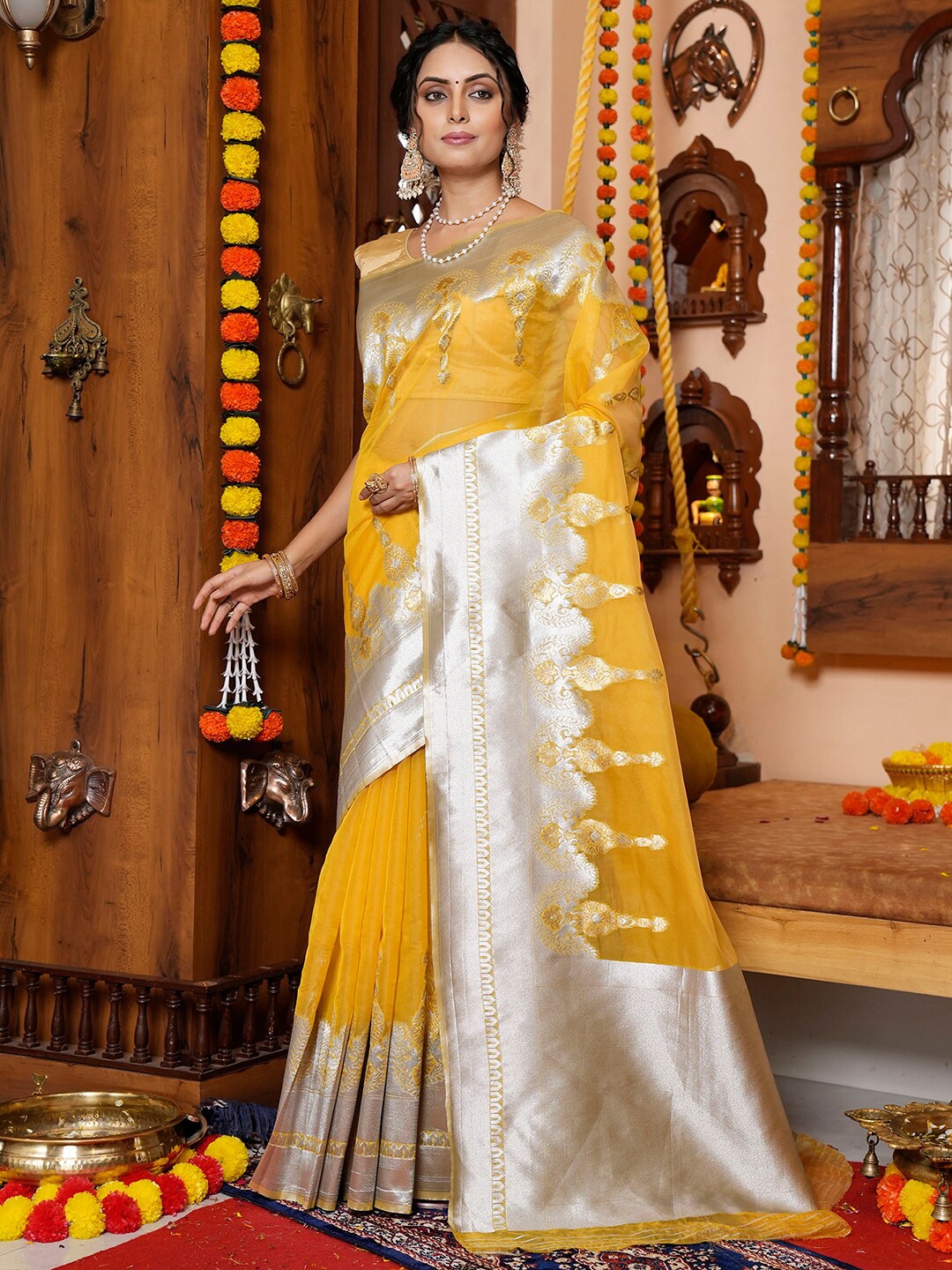 

Satrani Woven Design Zari Organza Saree, Yellow