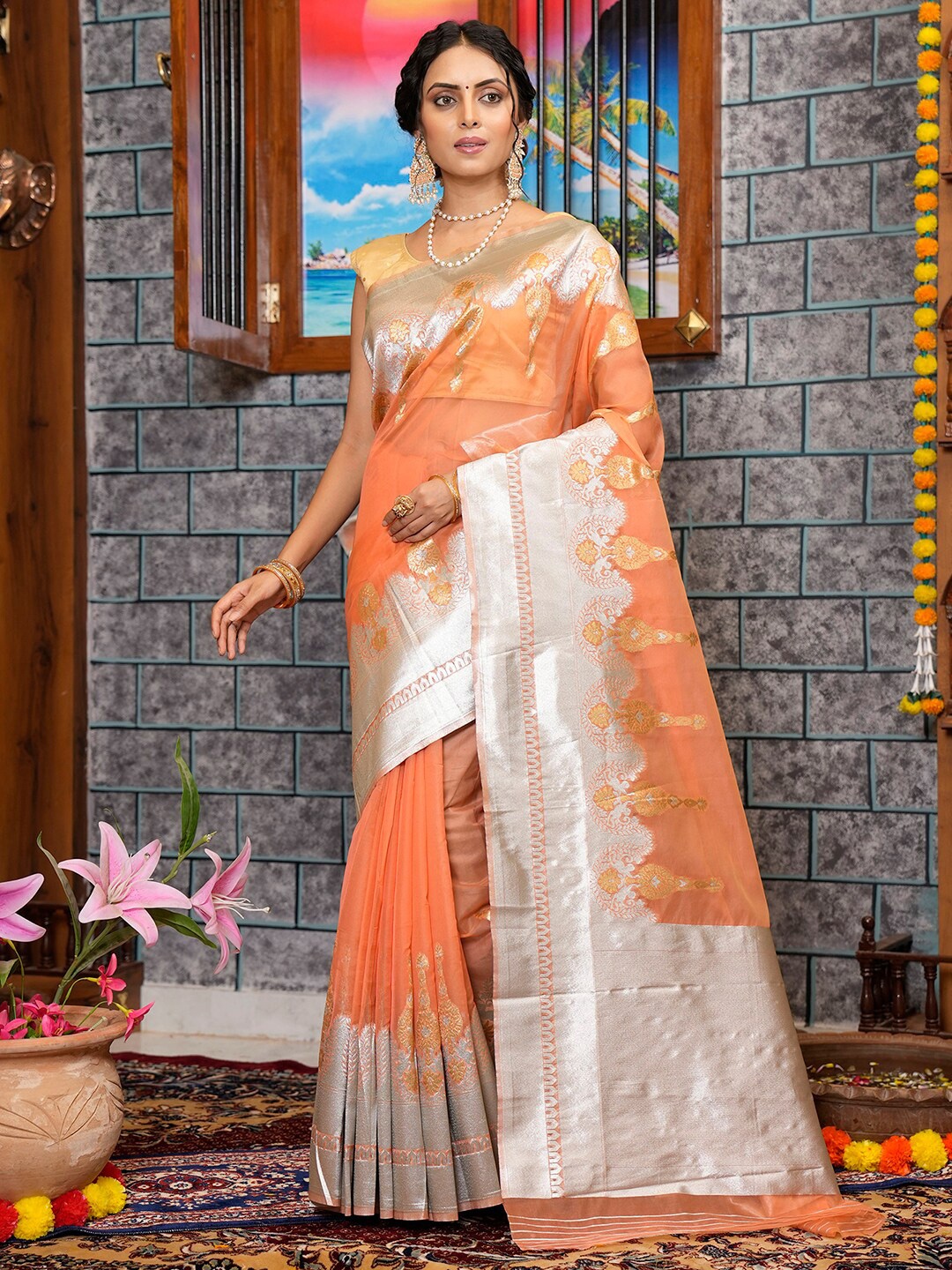 

Satrani Ethnic Motif Woven Design Zari Organza Saree, Orange