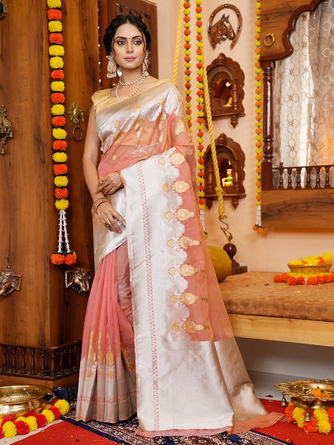 

Satrani Ethnic Motif Woven Design Zari Organza Saree, Pink