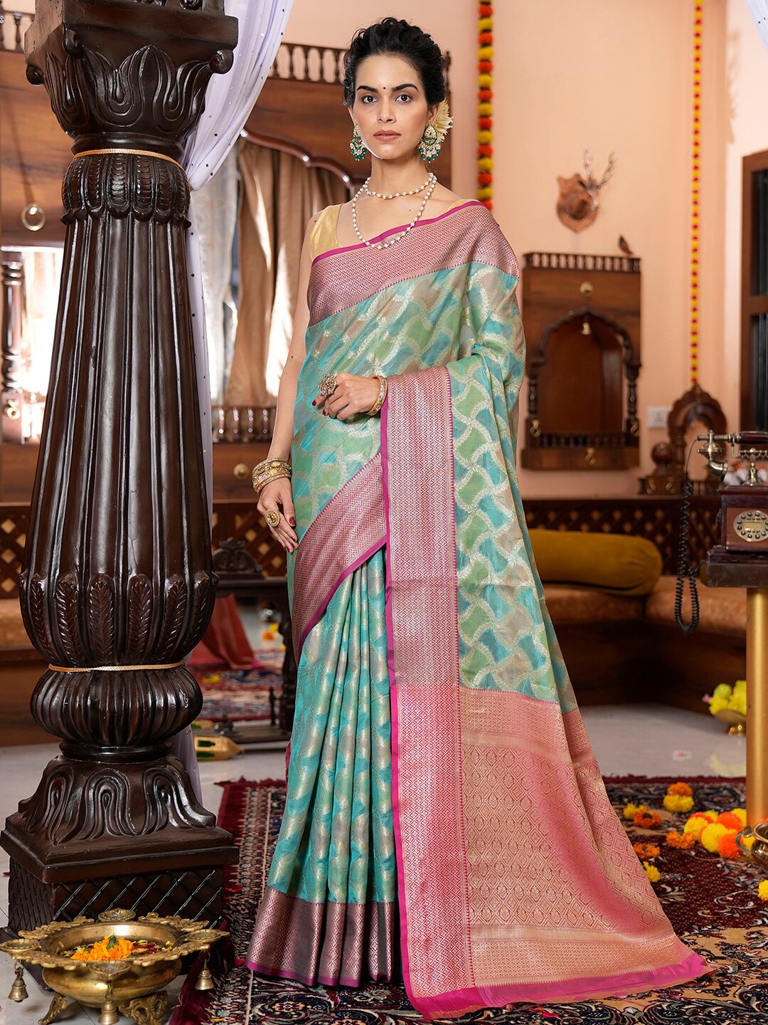 

Satrani Blue & Pink Ethnic Motif Woven Design Zari Silk Cotton Banarasi Saree