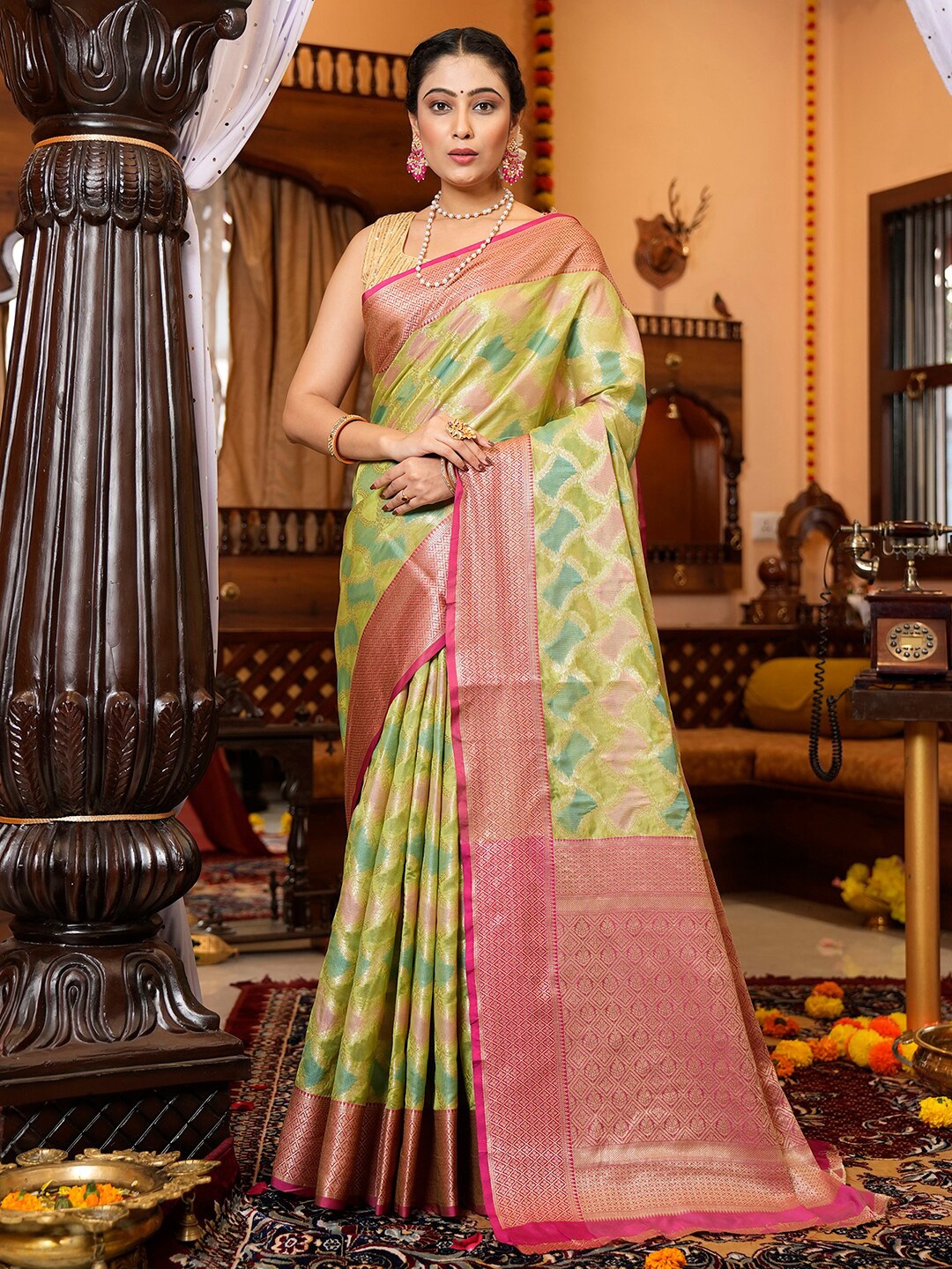 

Satrani Ethnic Motif Woven Design Zari Silk Cotton Banarasi Saree, Green