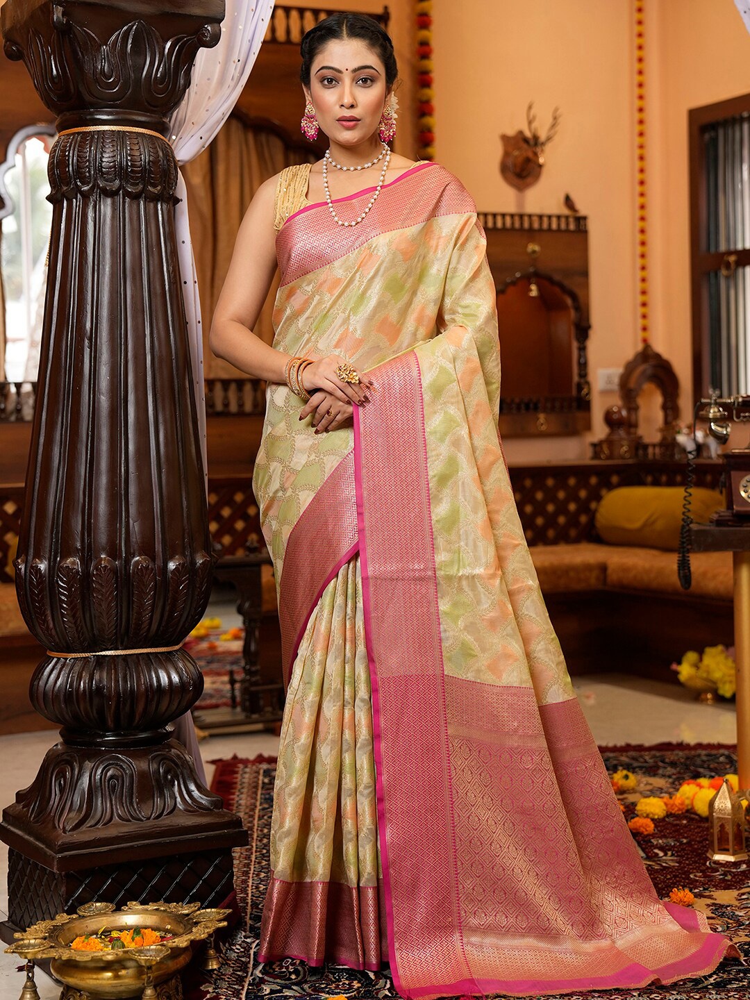 

Satrani Green & Pink Ethnic Motif Woven Design Zari Silk Cotton Banarasi Saree