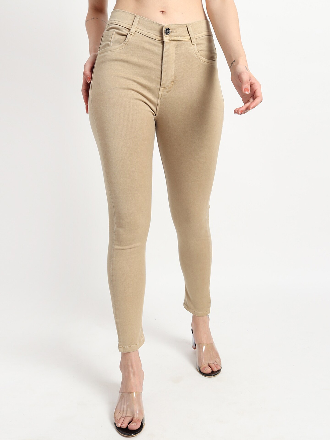 

TYFFYN Women Jean Slim Fit Mid-Rise Stretchable Jeans, Beige