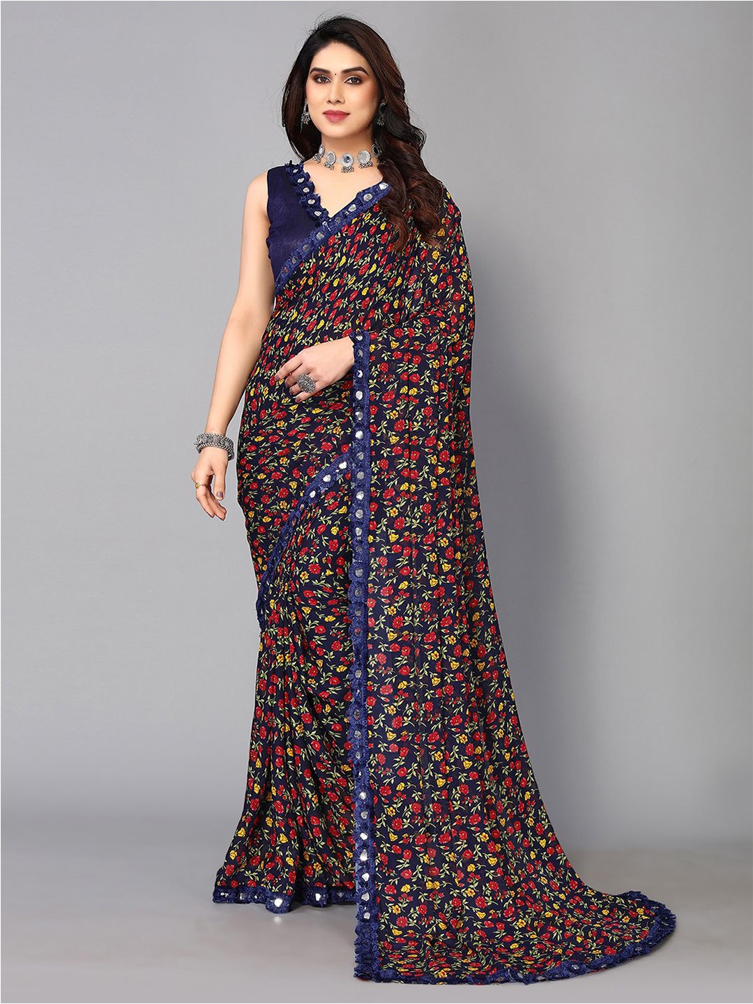 

KALINI Floral Mirror Work Saree, Blue