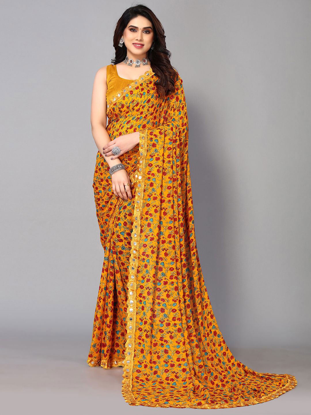 

KALINI Floral Printed Mirror Work Poly Georgette Saree, Orange