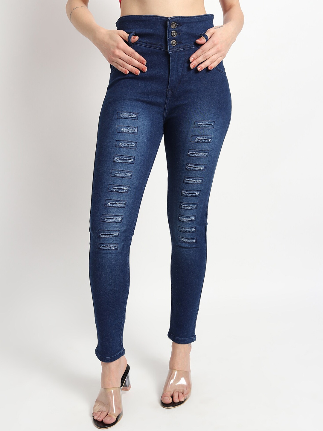 

TYFFYN Women High-Rise Slim Fit Ripped Stretchable Jeans, Navy blue